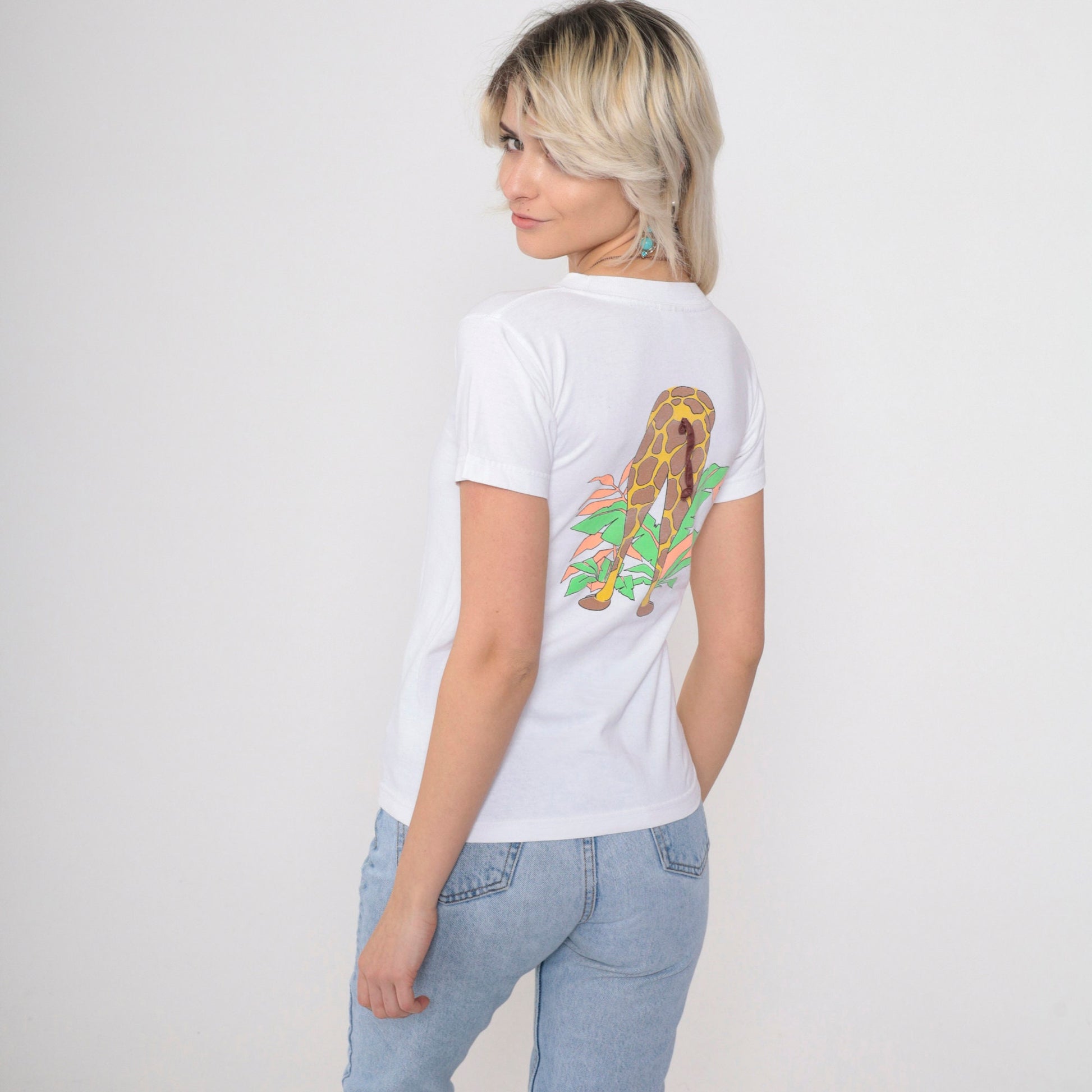 90s Sacramento Zoo Giraffe T-Shirt White Graphic Tee Appliqué XXS