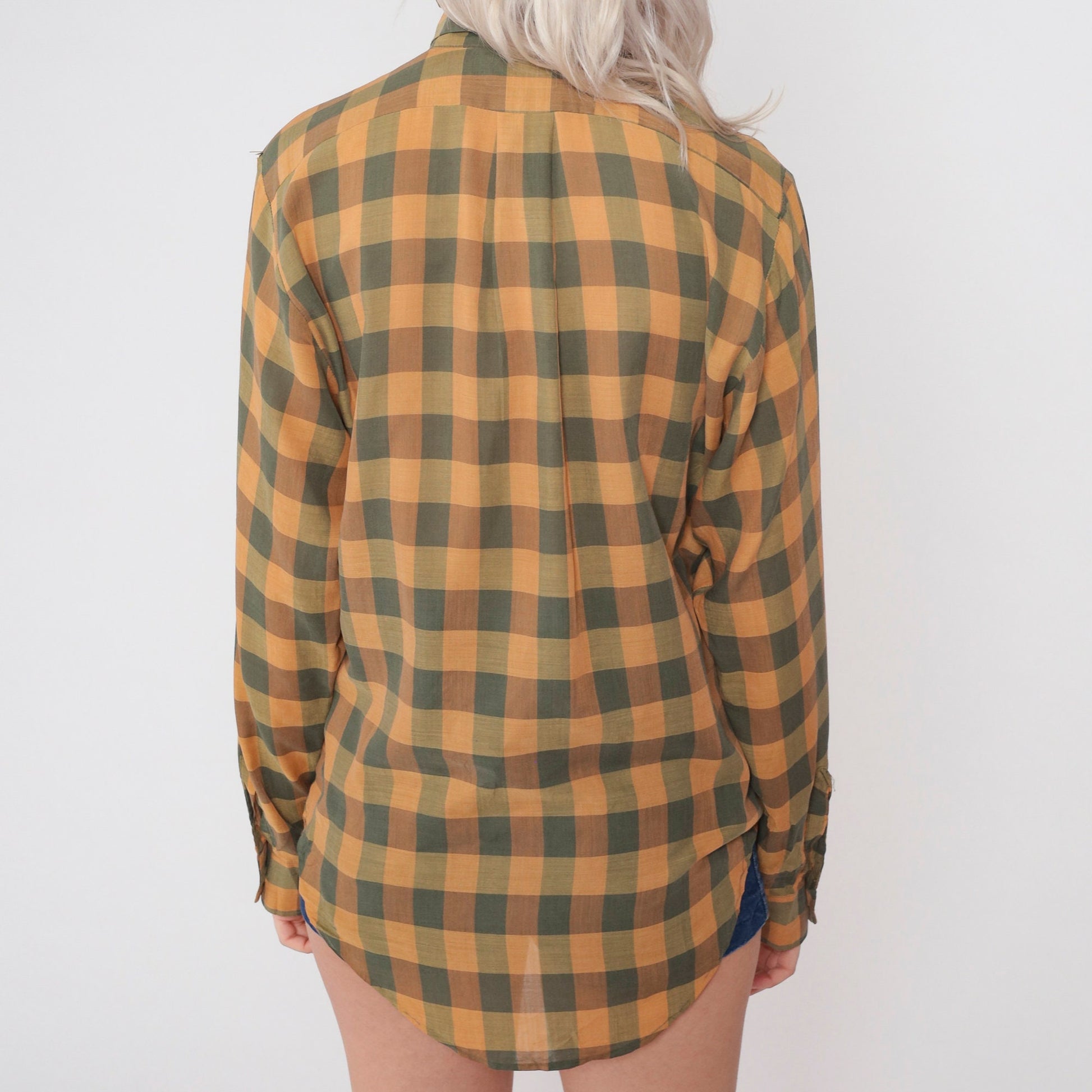 70s Buffalo Plaid Button-Up Shirt Orange Grey Collared Long Sleeve Men's Small