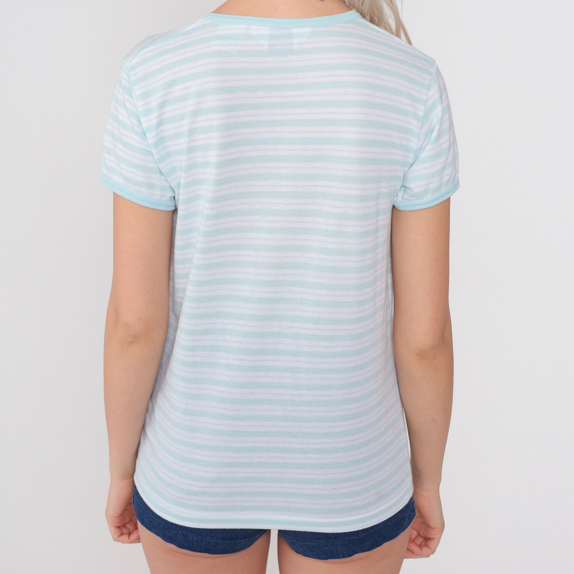 80s Striped V-Neck T-Shirt Baby Blue White Cotton Ringer Tee Medium
