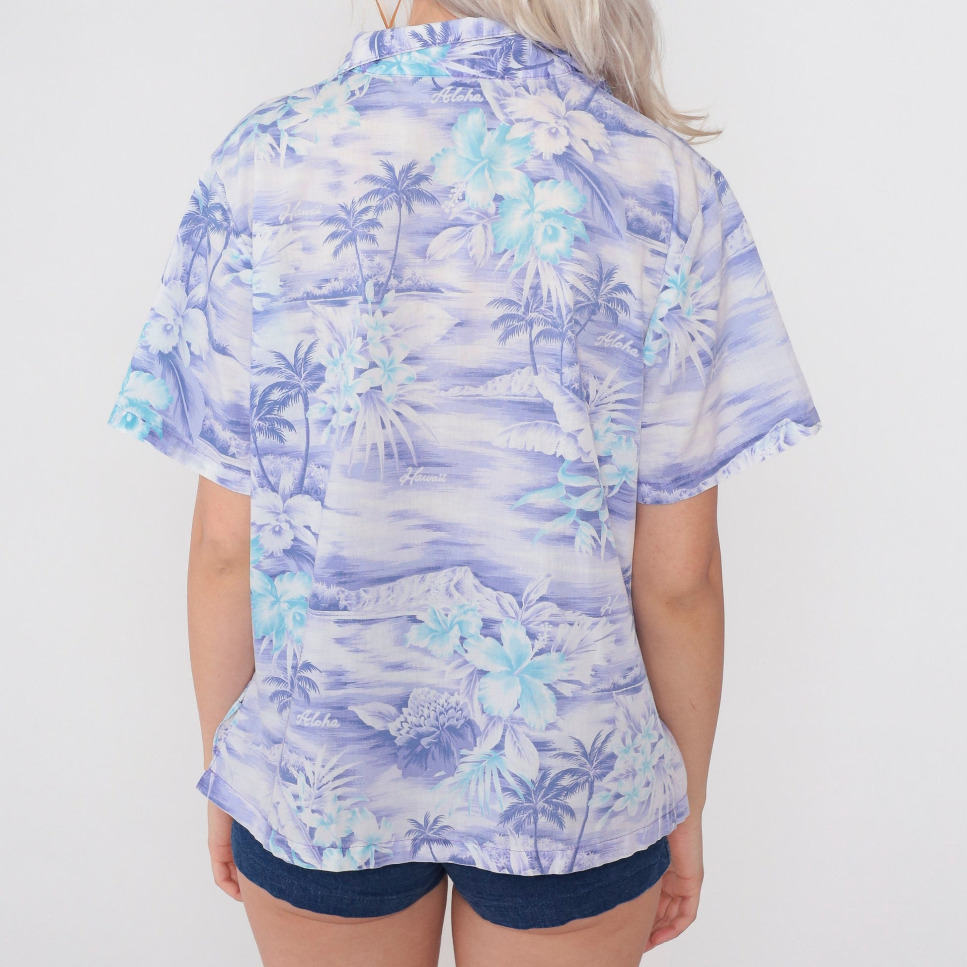 90s Purple Hawaiian Shirt Tropical Floral Aloha Print Button Up Medium M