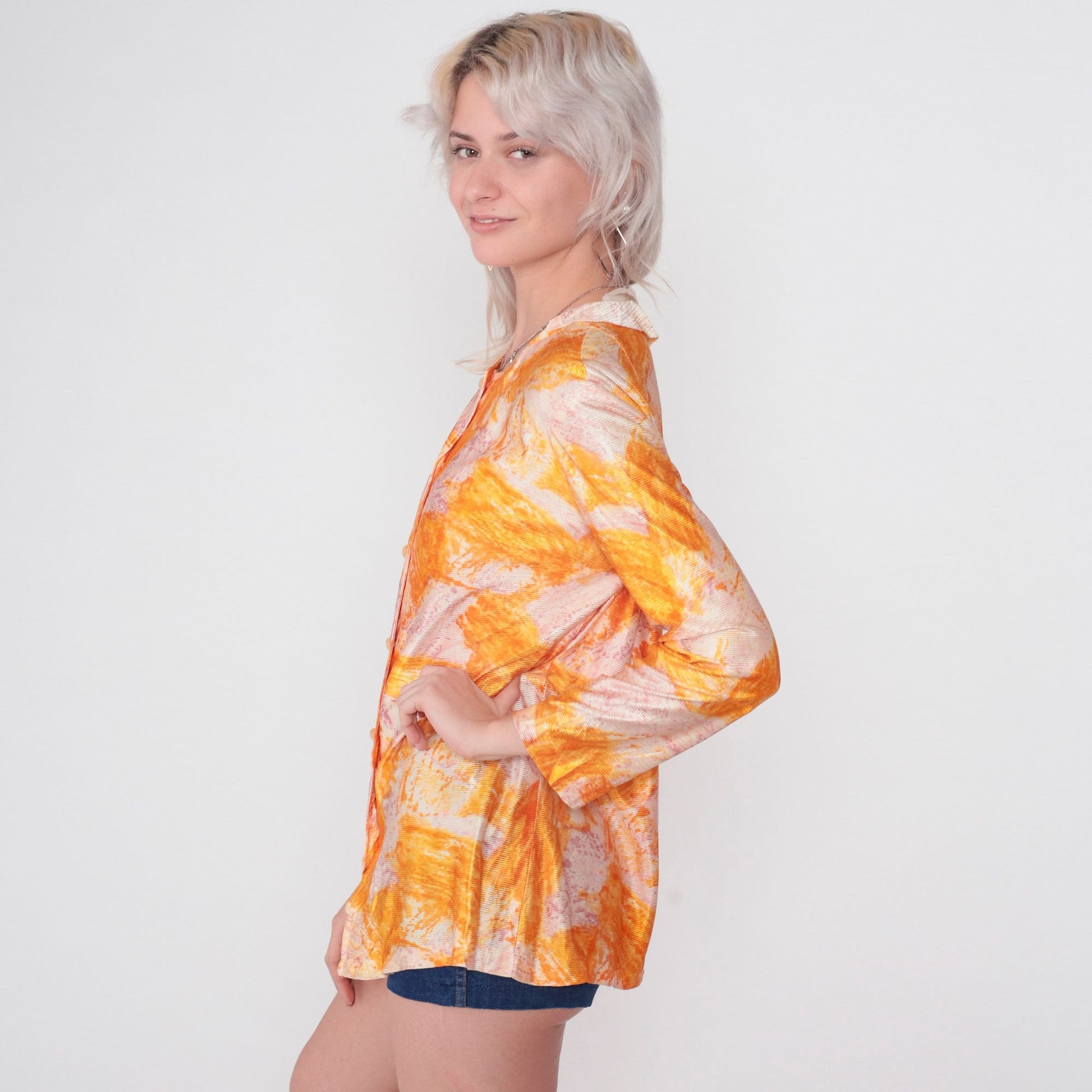 70s Abstract Brushstroke Print Blouse Long Sleeve Button Up Orange Purple Medium