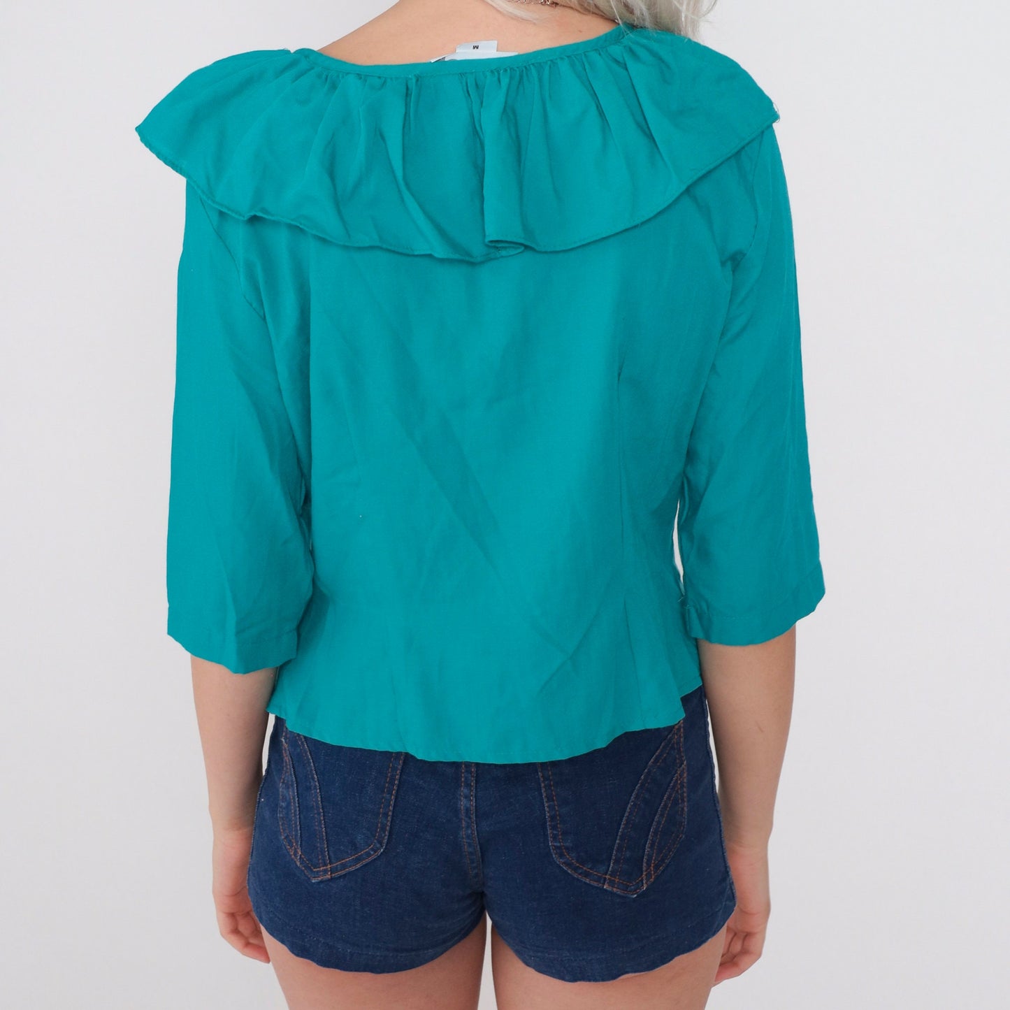 80s Teal Ruffled Neckline Button-Up Blouse 3/4 Sleeve Medium