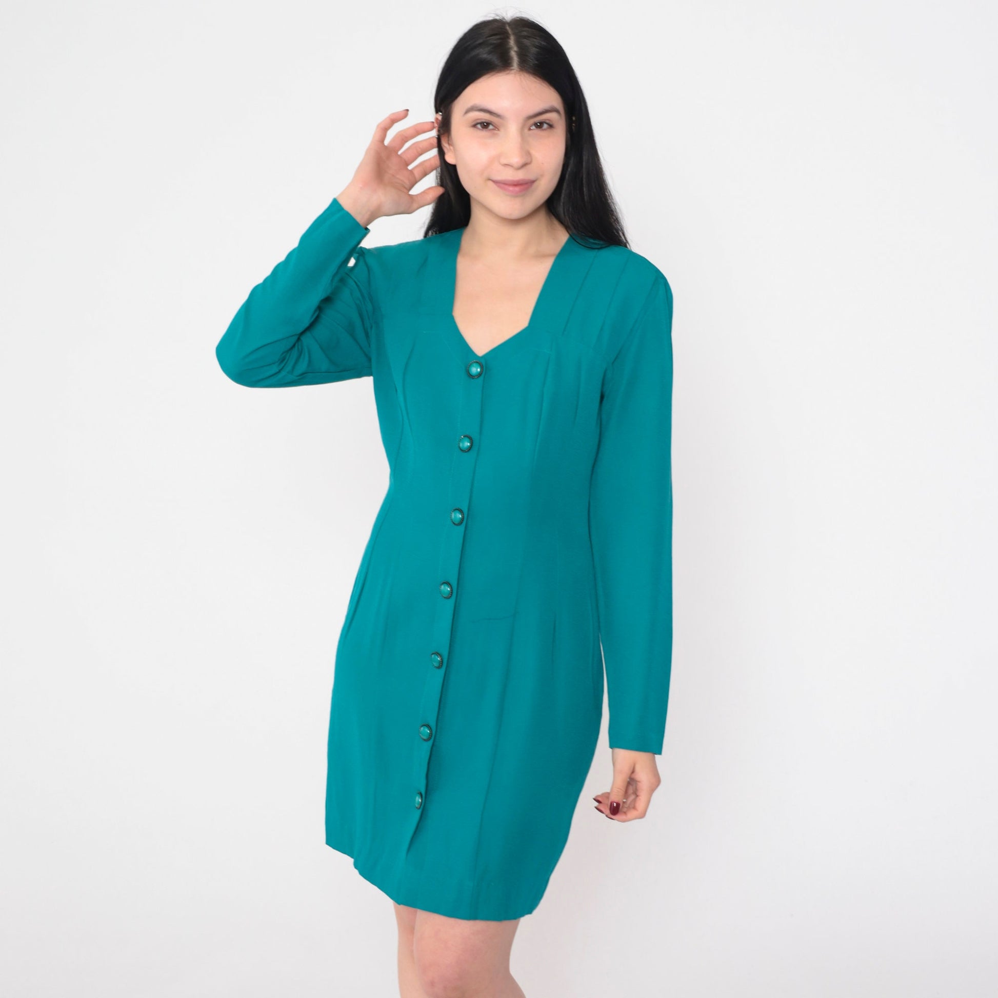 90s All That Jazz Teal Mini Dress Button-Up Long Sleeve V-Neck Small S