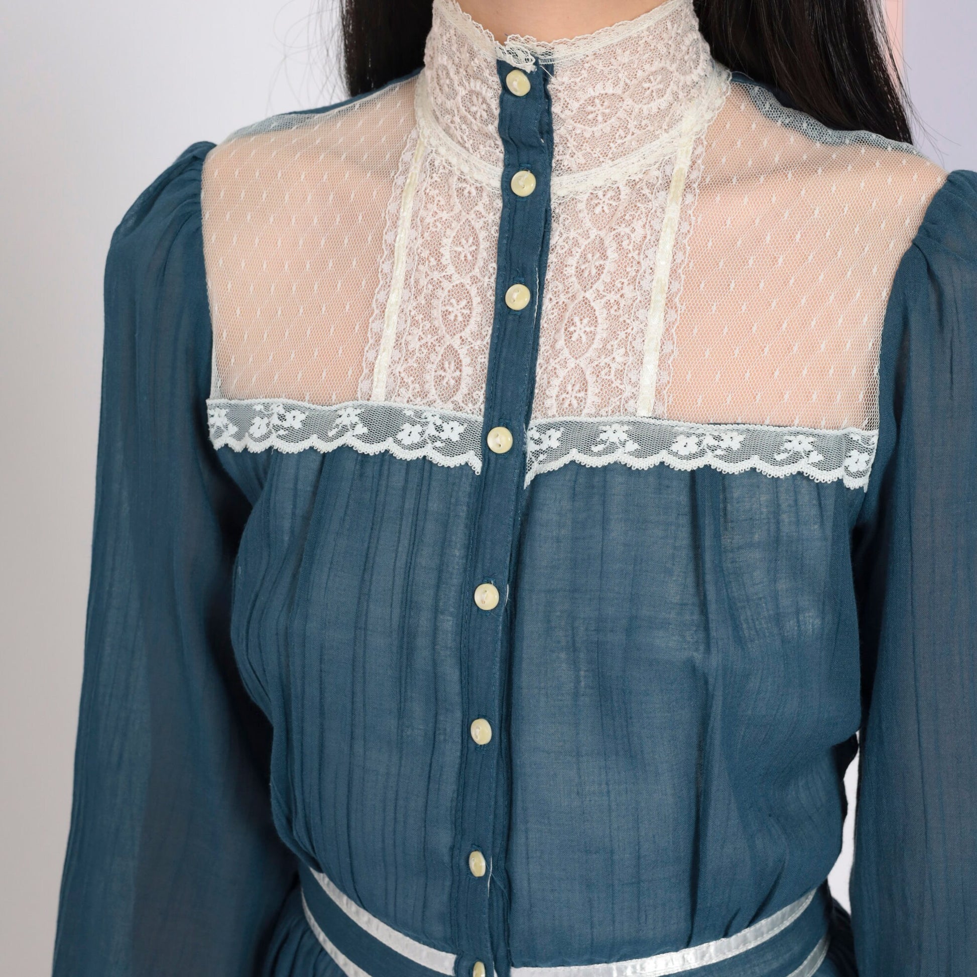 70s Gunne Sax Prairie Midi Dress Blue Lace Puff Sleeve High Waist Extra Small