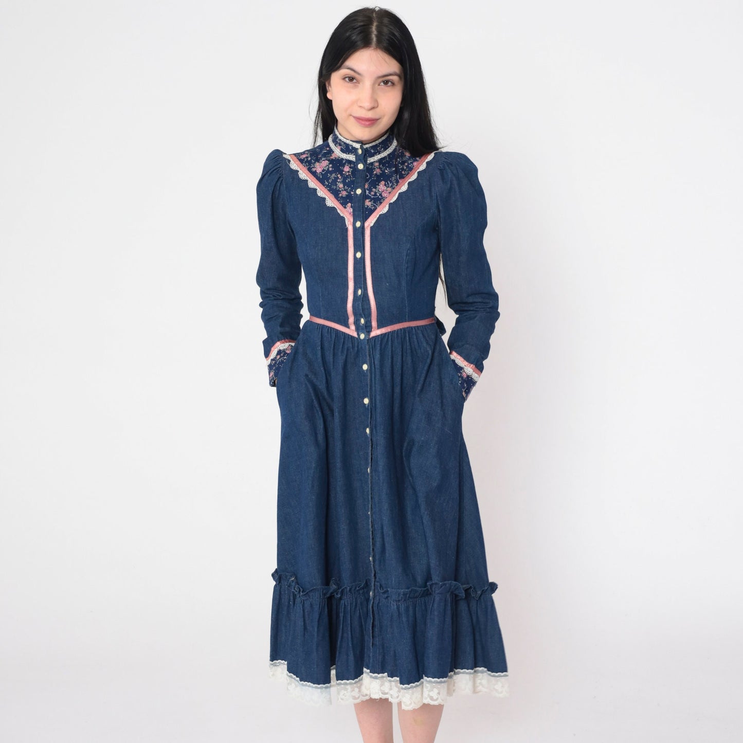 70s Gunne Sax Prairie Dress Blue Denim Calico Floral Puff Sleeve Midi XXS
