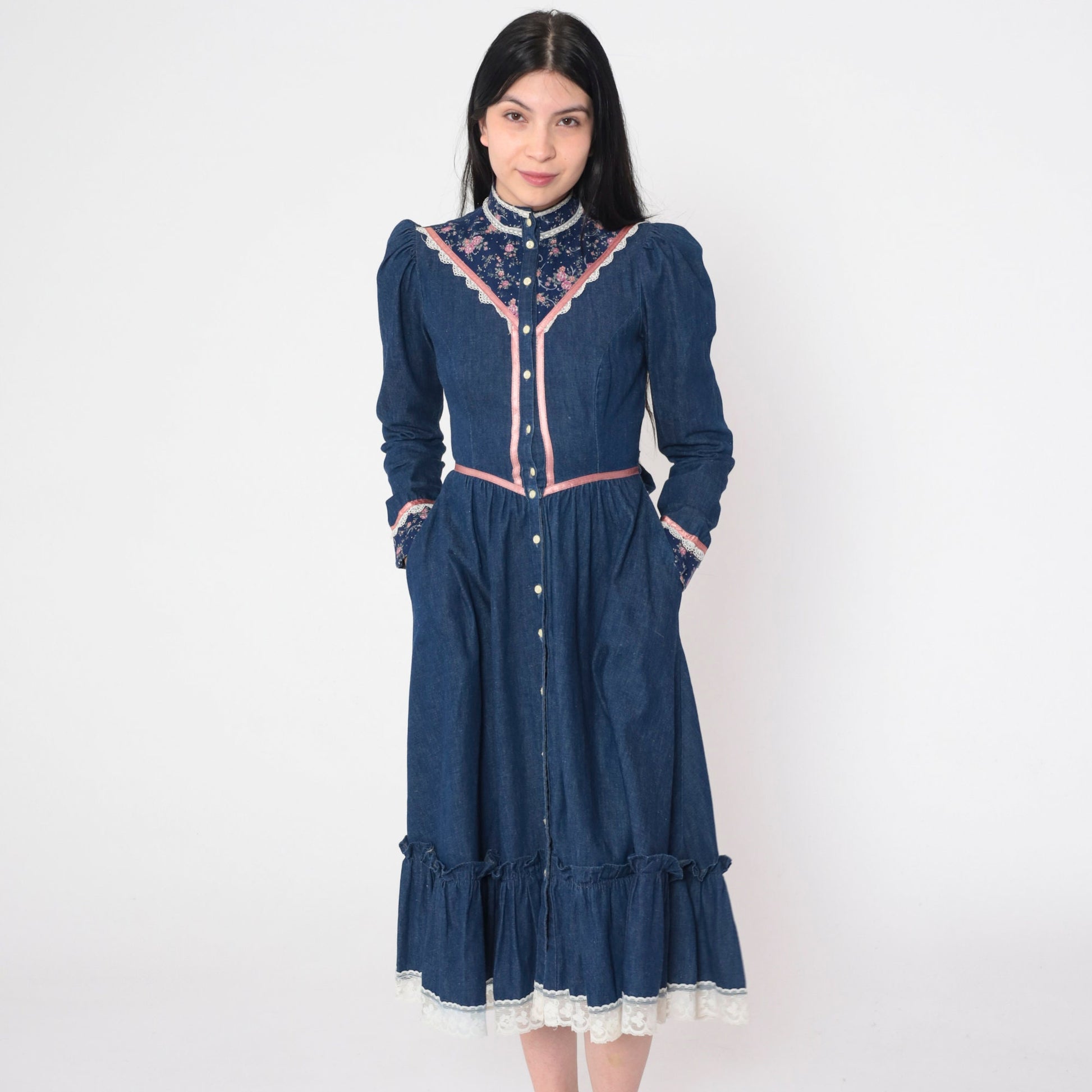 70s Gunne Sax Prairie Dress Blue Denim Calico Floral Puff Sleeve Midi XXS