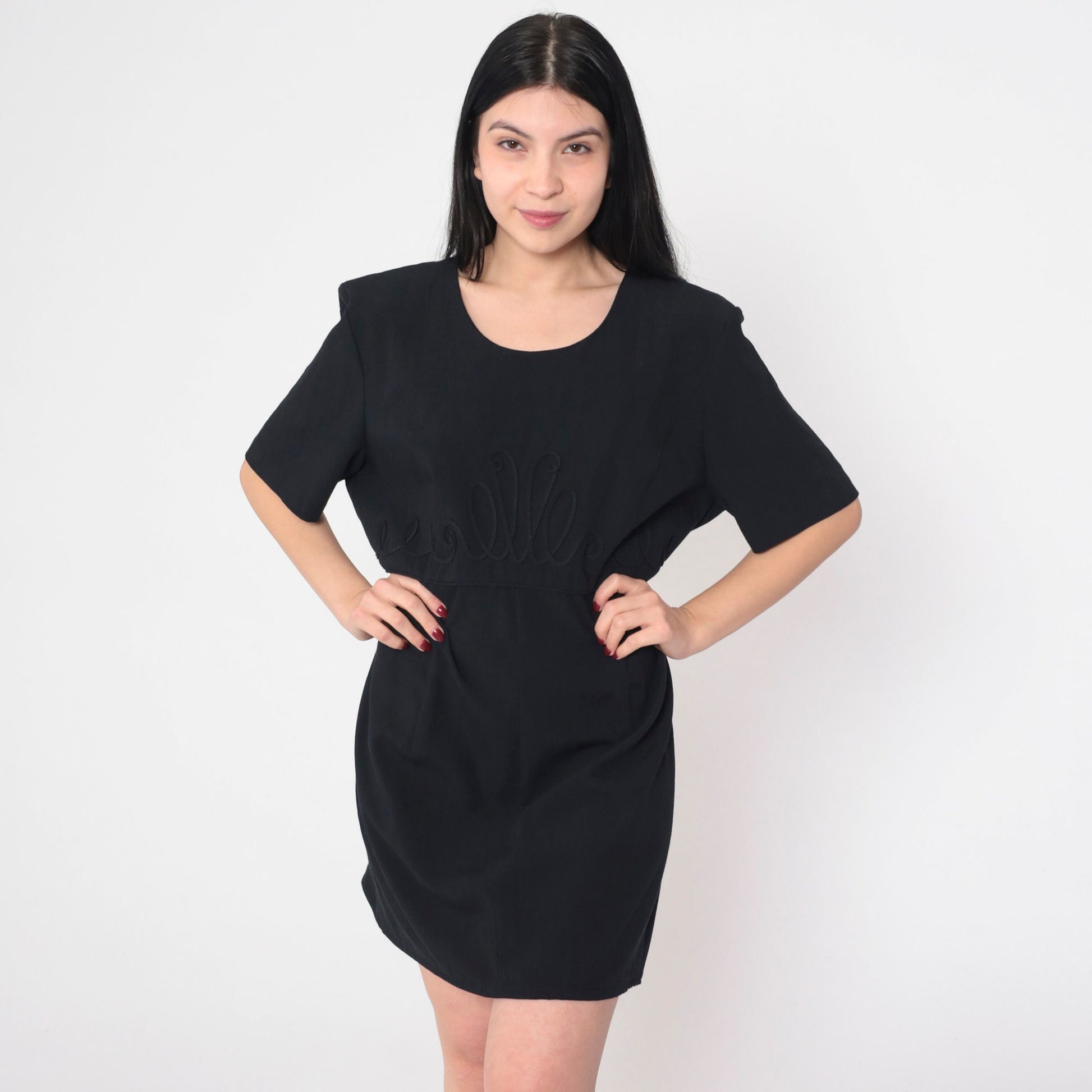 90s Kathie Lee Black Mini Shift Dress Soutache Trim Short Sleeve Large