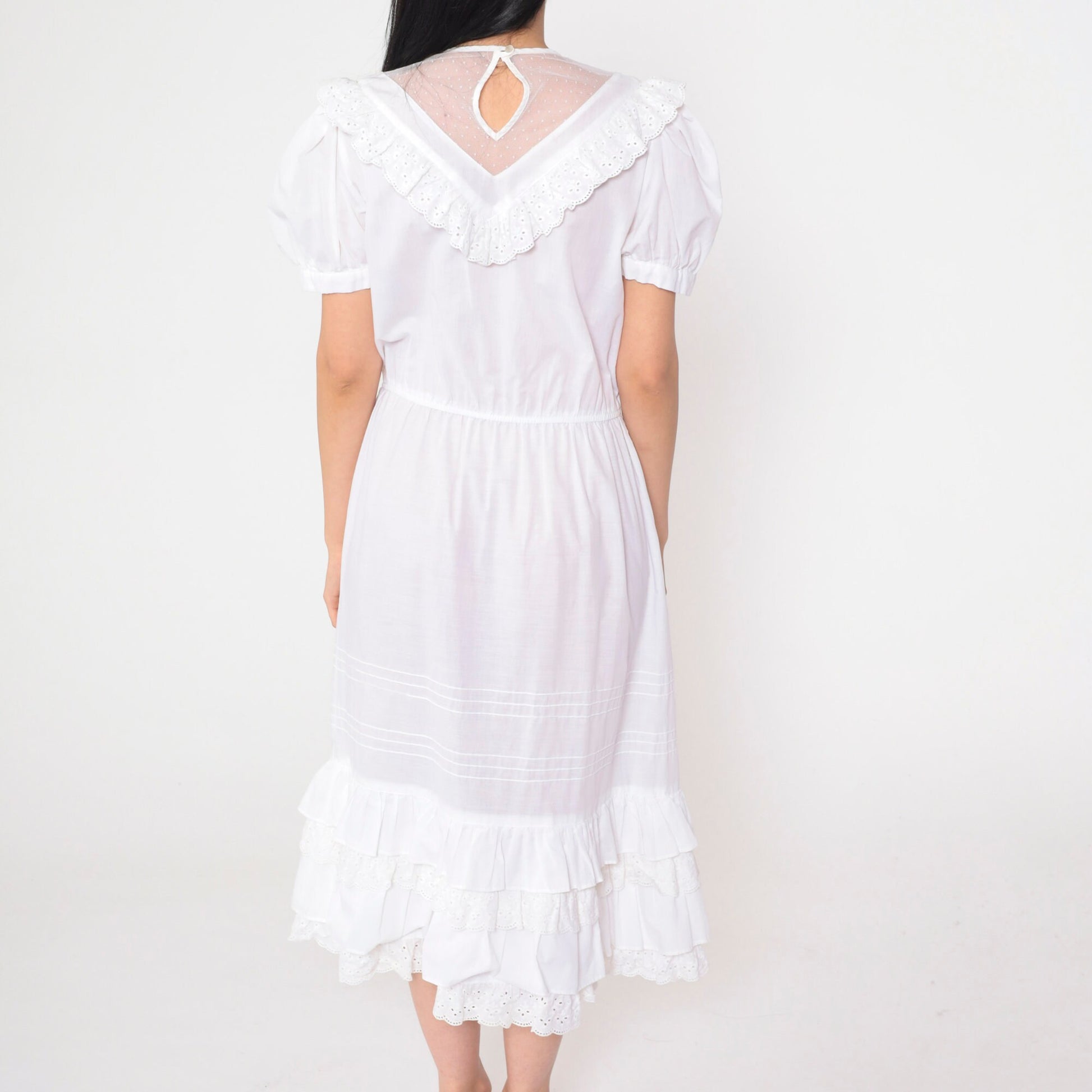 70s Jody White Eyelet Midi Dress Puff Sleeve Lace Yoke Small