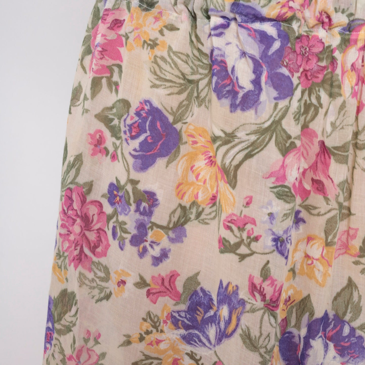 80s Floral Midi Skirt Elastic Waist Rose Print Pink Purple Tan Medium Large