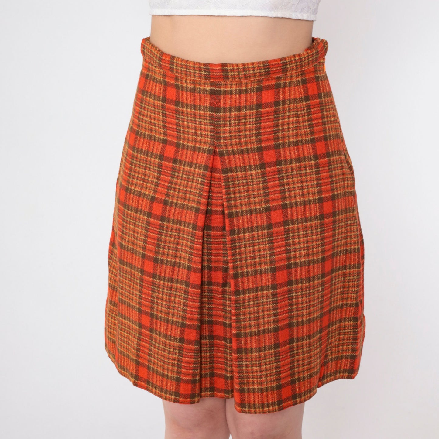 60s Red Plaid Wool Blend Mini Skirt High Waisted Pleated Small