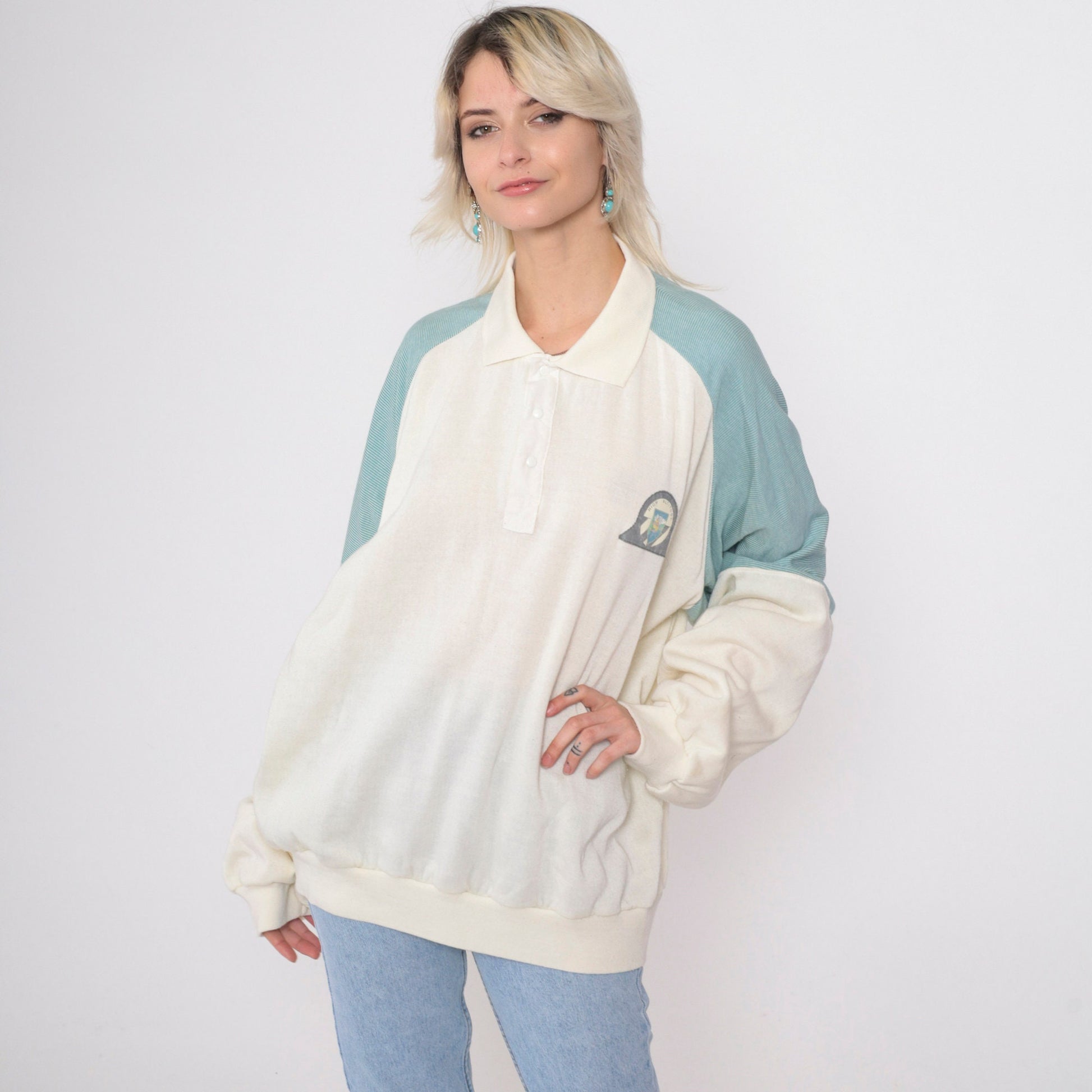 80s High Altitude Castle Mountain Raglan Sweatshirt Cream Striped Sleeve XXL
