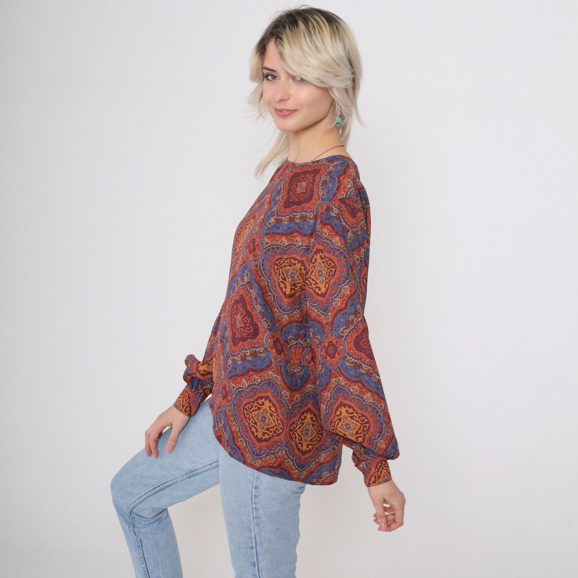 90s Liz Claiborne Geometric Print Blouse Back Button Long Sleeve Small 6