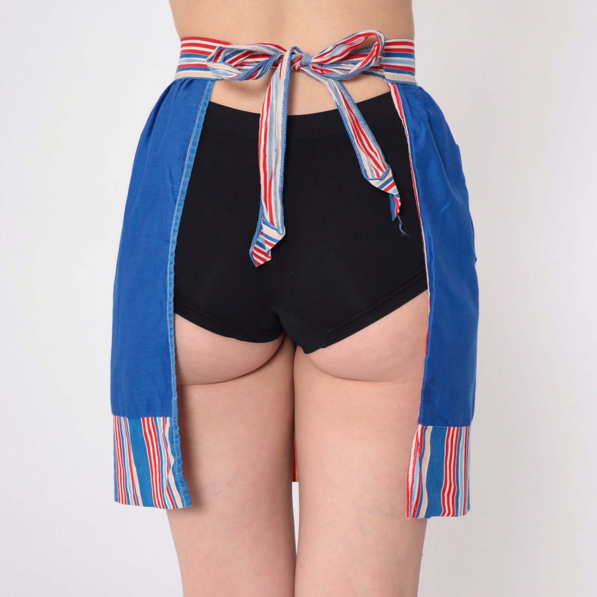 60s Reversible Half Apron Mini Striped Red White Blue Open Back Extra Small