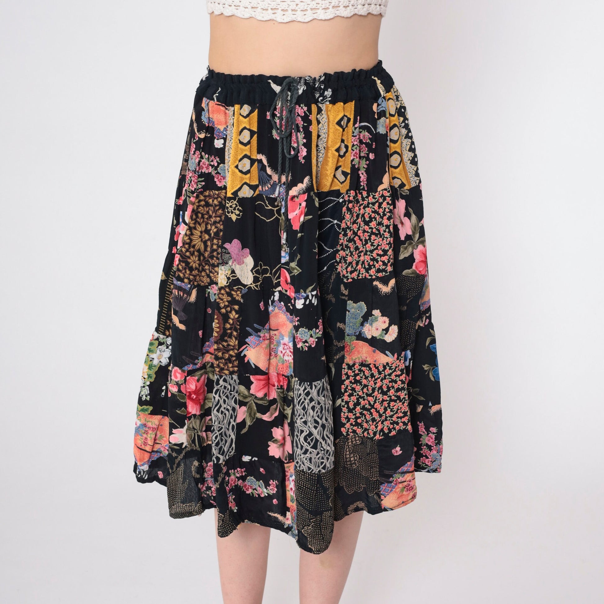 90s Black Floral Patchwork Midi Skirt Drawstring Waist One Size