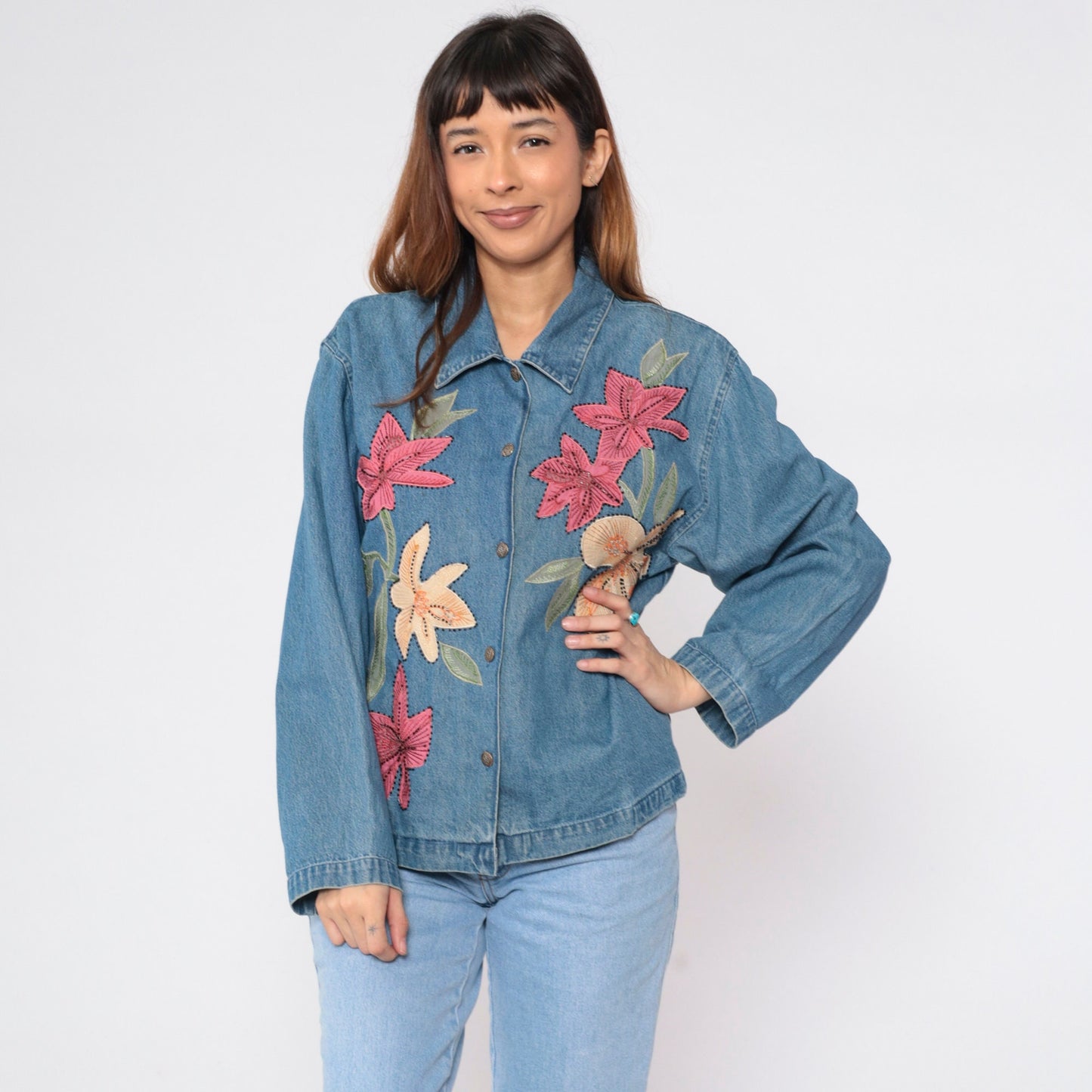 90s Tantrums Denim Jacket Floral Embroidered Beaded Blue Large
