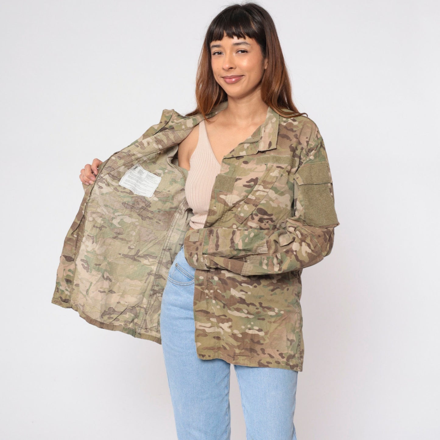 90s US Army Camouflage Jacket Velcro Patch Utility Zip Green Medium Long