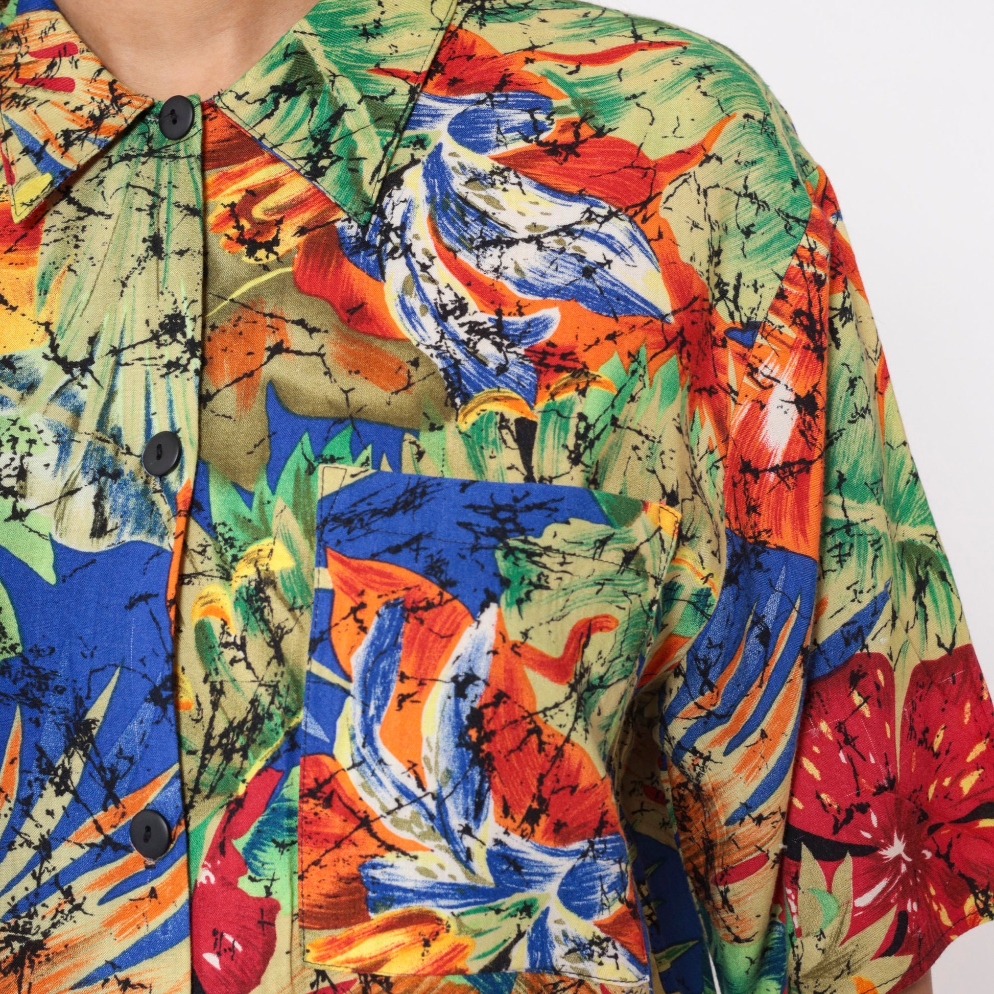 90s Tropical Floral Button-Up Blouse Red Black Marbled Print Short Sleeve Small