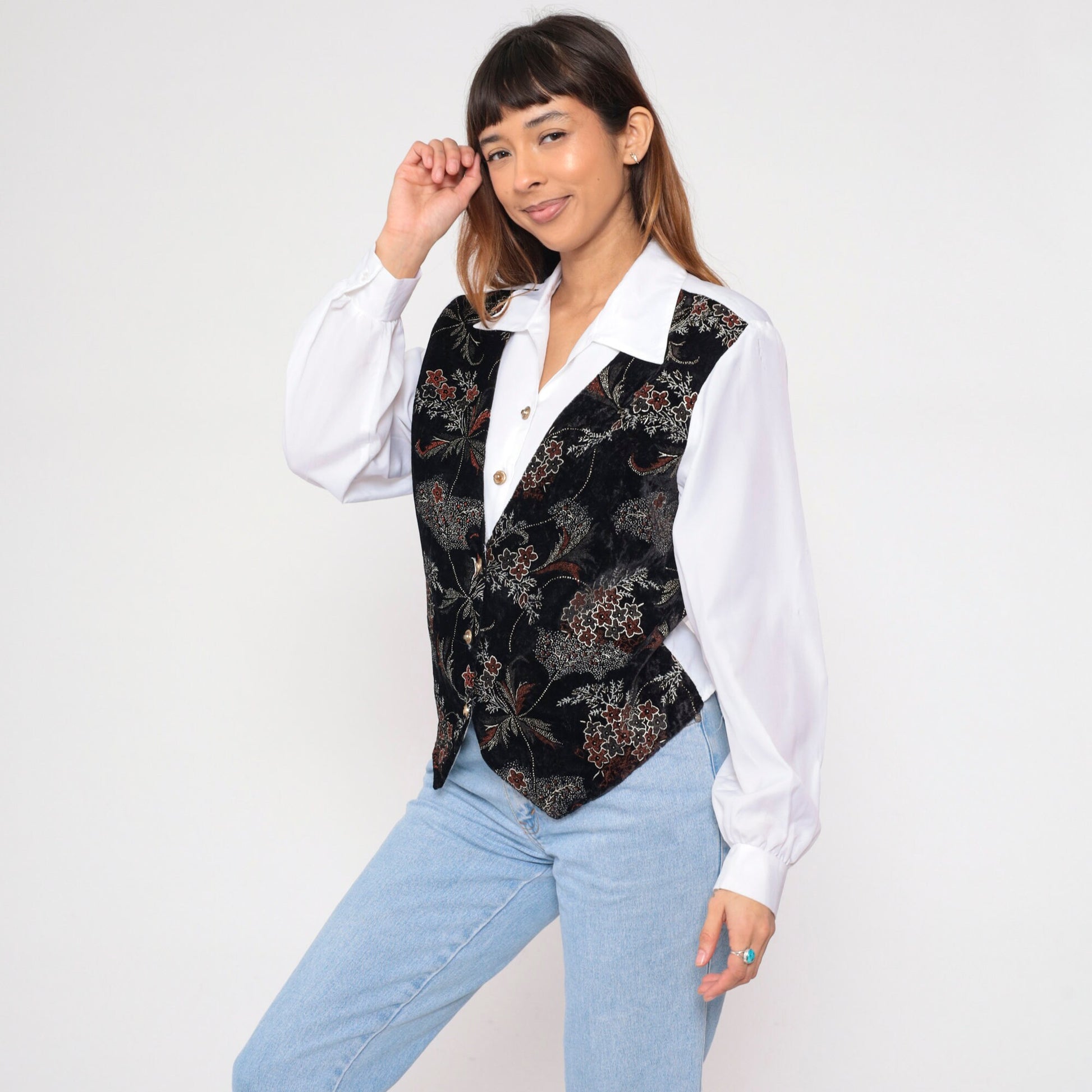 90s Joanna White Button-Up Blouse Black Floral Attached Vest Long Sleeve Large L