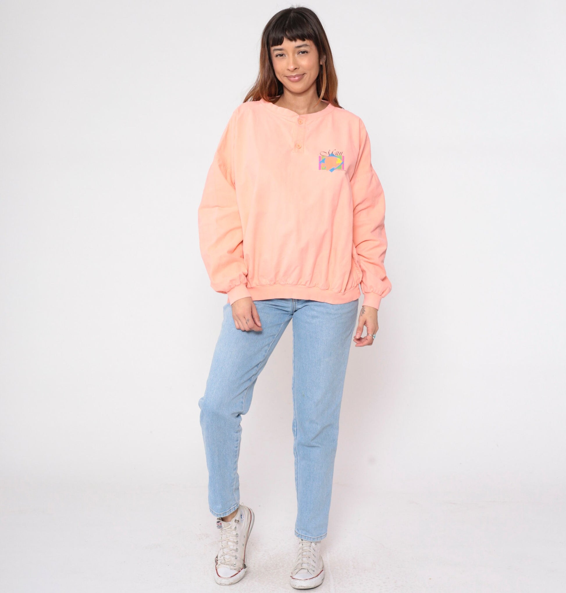 90s Crazy Shirts Maui Tropical Fish Henley Sweatshirt Peach Pink Extra Large XXL