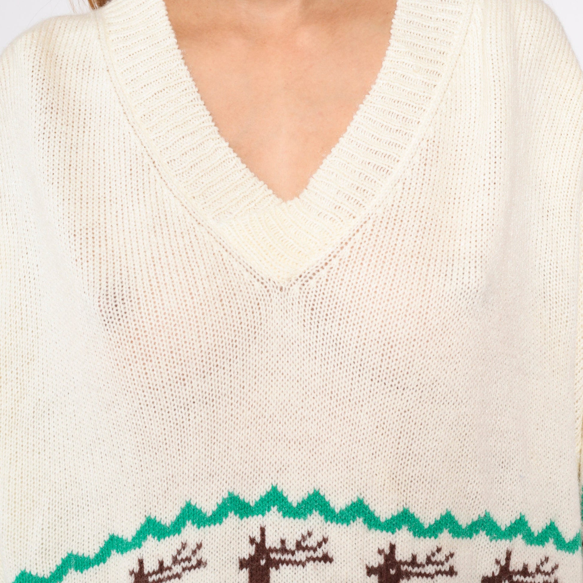 70s Elk Print Cream Knit V-Neck Sweater Striped Animal Pullover Large