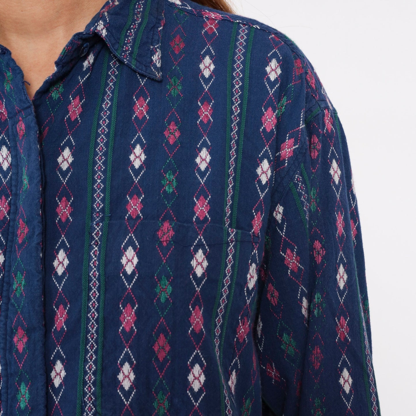 90s Krazy Kat Blue Argyle Diamond Print Button-Up Blouse Long Sleeve Large L