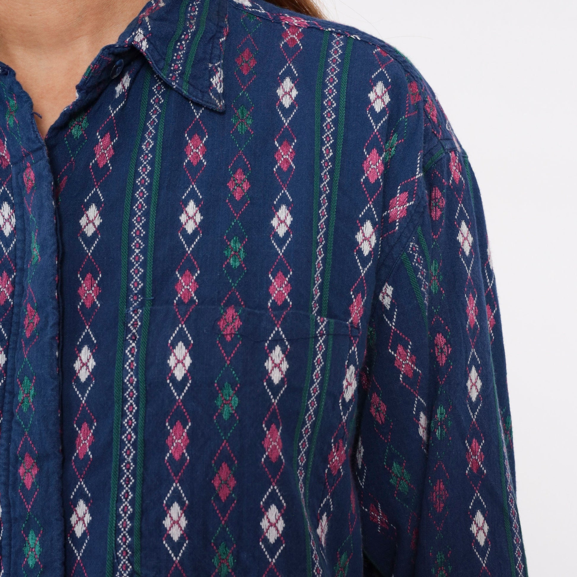 90s Krazy Kat Blue Argyle Diamond Print Button-Up Blouse Long Sleeve Large L
