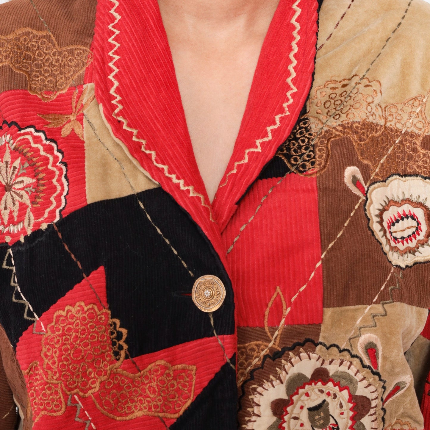 90s Patchwork Corduroy Blazer Floral Embroidered Button-Up Jacket Large L