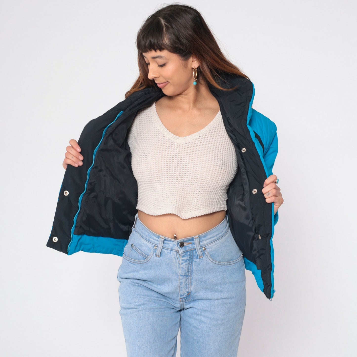 80s Bright Blue Puffer Ski Jacket Convertible Zip-Off Sleeves Vest Extra Small