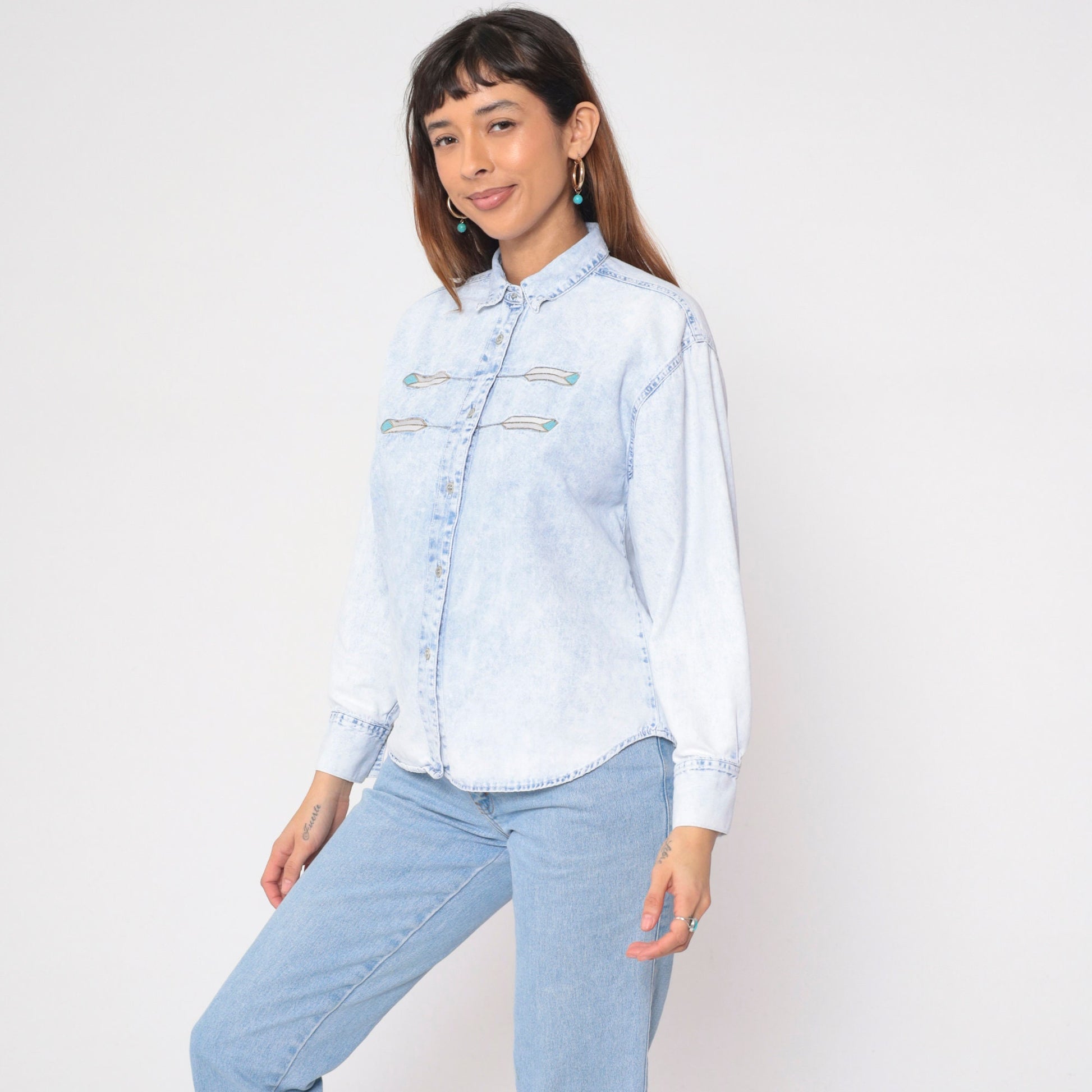 90s Jordache Denim Shirt Light Blue Embroidered Feather Southwestern Button Up Medium