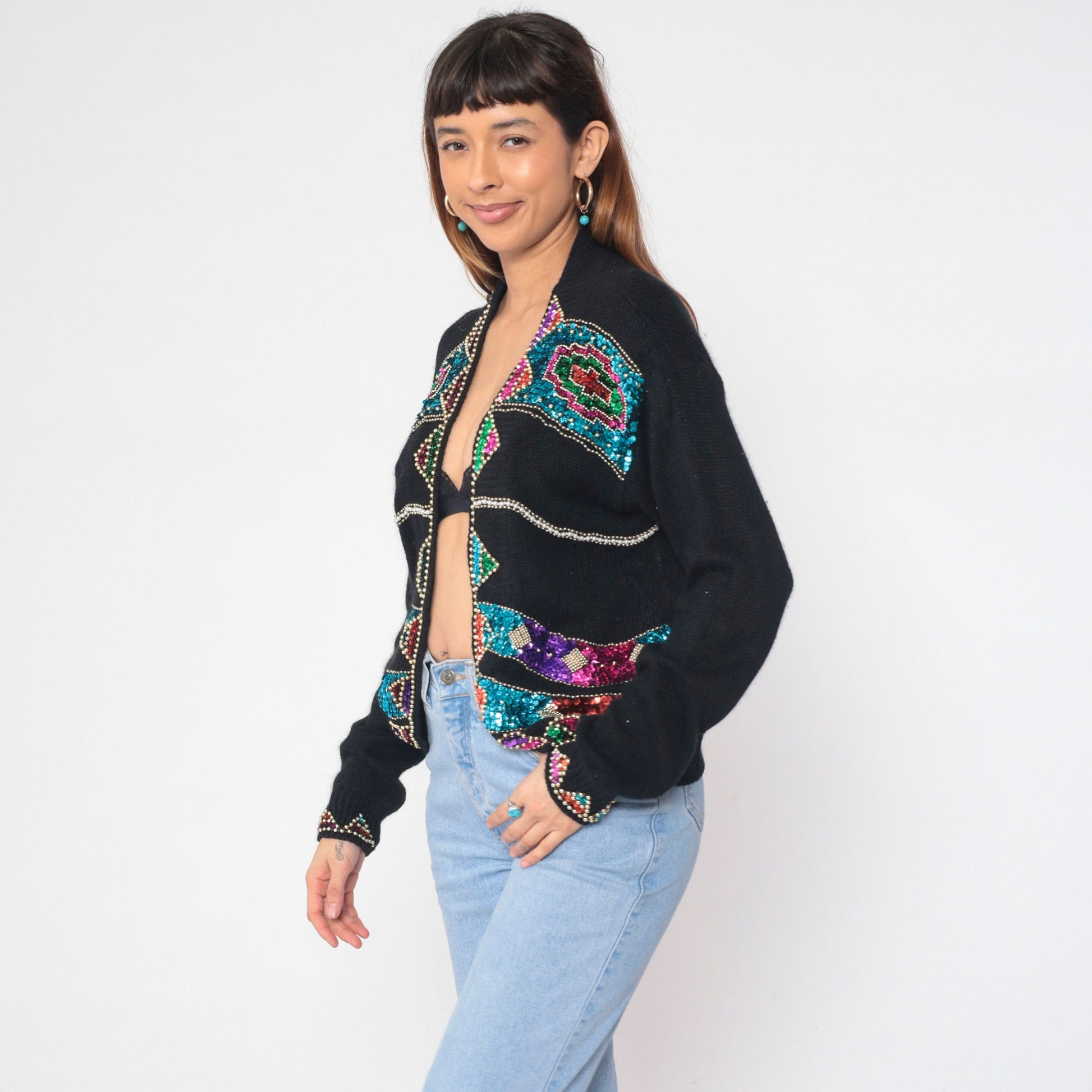 90s Cristina Black Silk Angora Cardigan Sequin Beaded Geometric Small S
