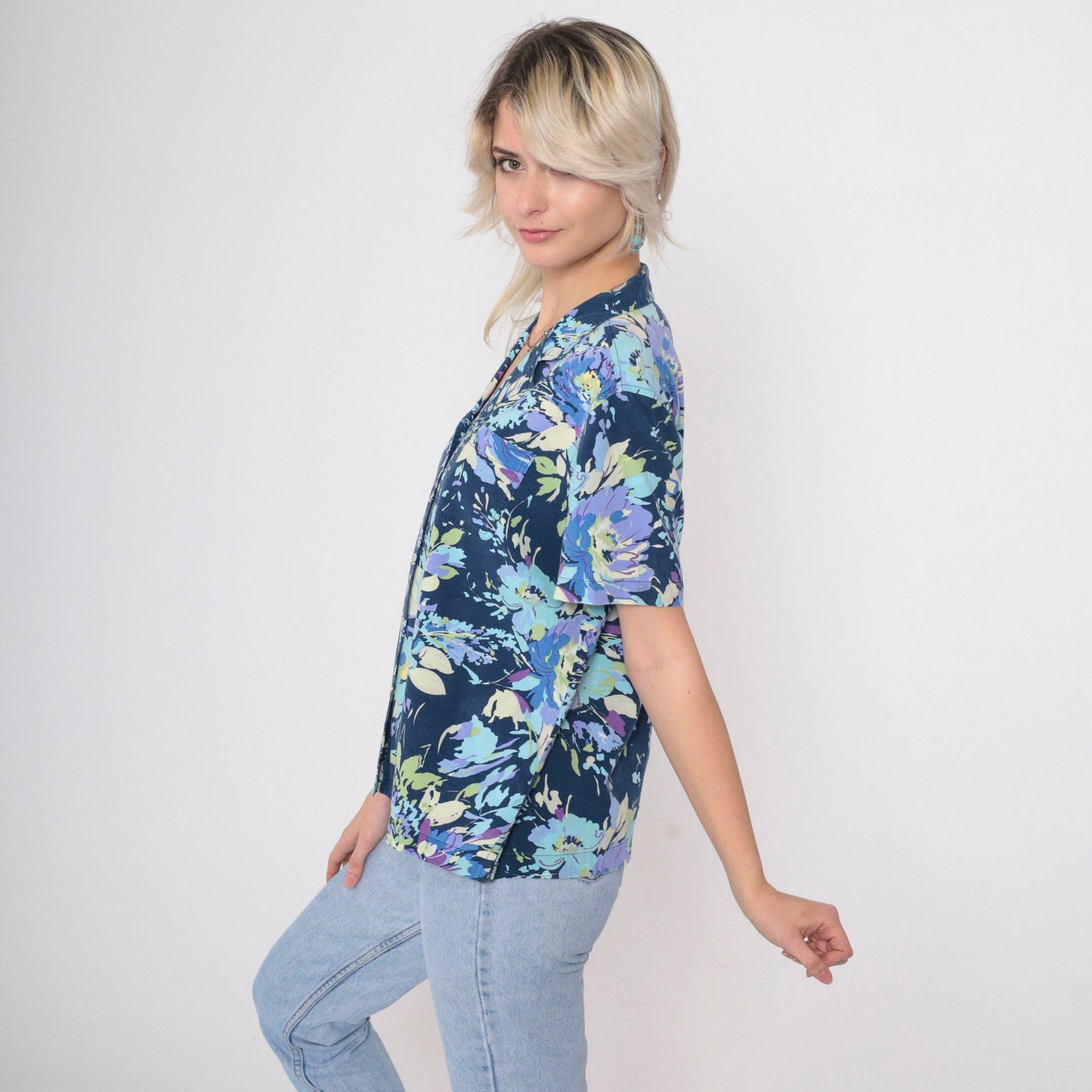 90s Floral Blouse Dark Blue Short Sleeve Button Up Shirt Medium