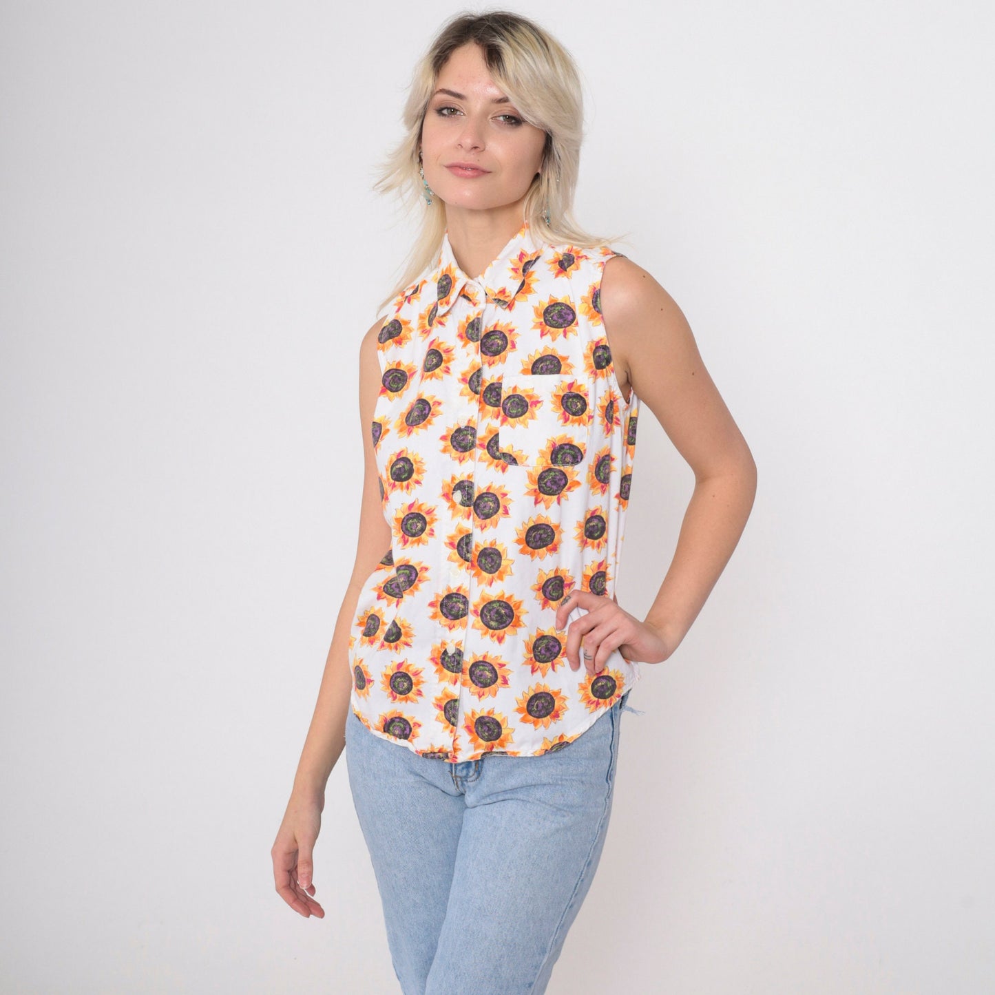 90s Sunflower Tank Top White Cotton Button-Up Sleeveless Blouse Small
