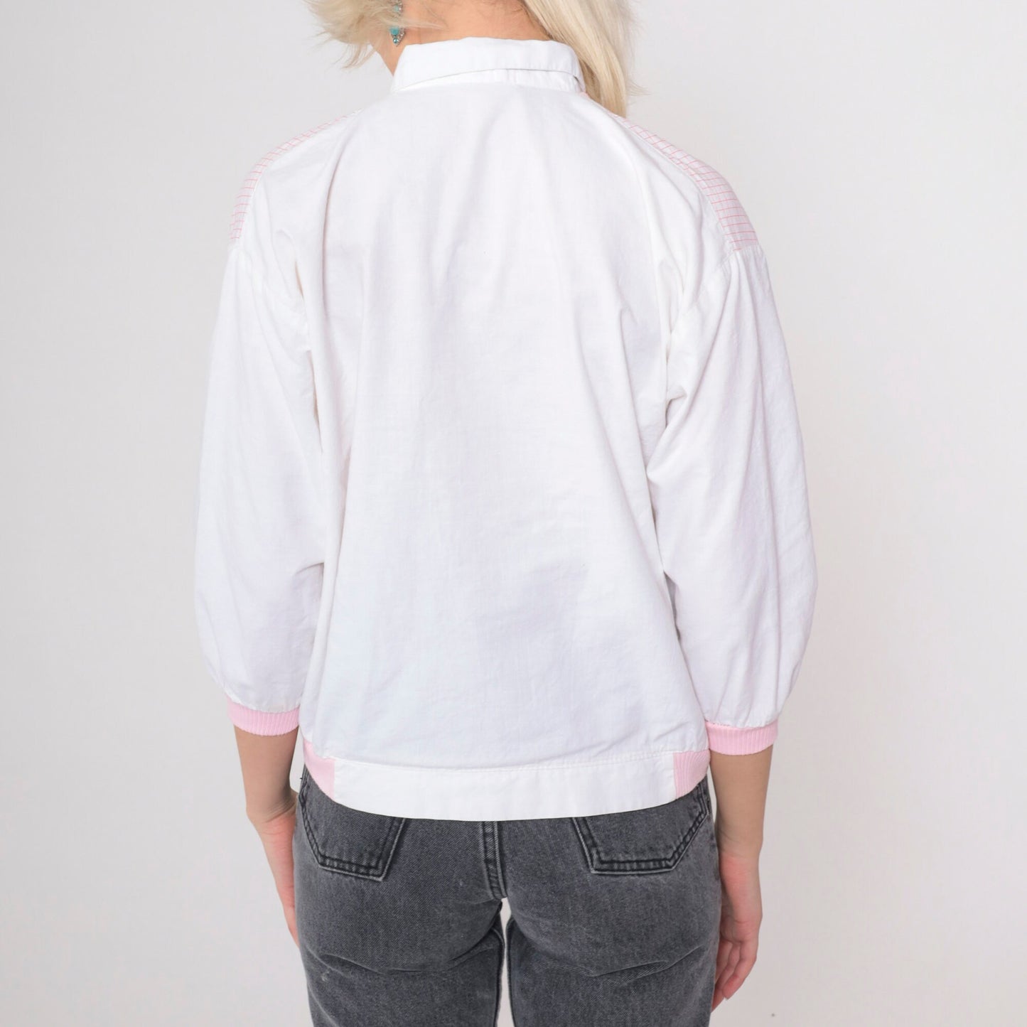 80s Rozzi Checkered Teddy Bear Button-Up Blouse with Attached Vest Pink White Medium