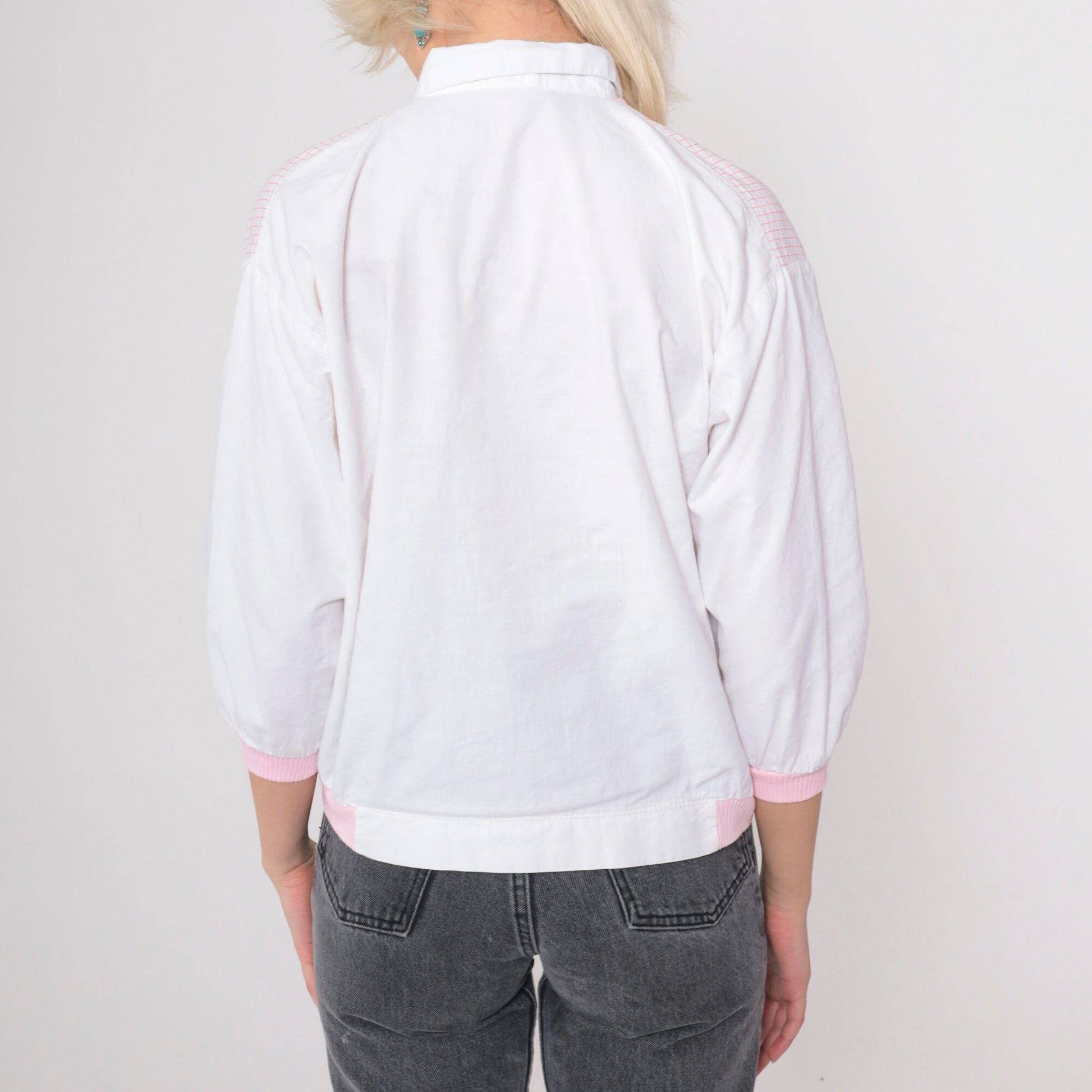 80s Rozzi Checkered Teddy Bear Button-Up Blouse with Attached Vest Pink White Medium