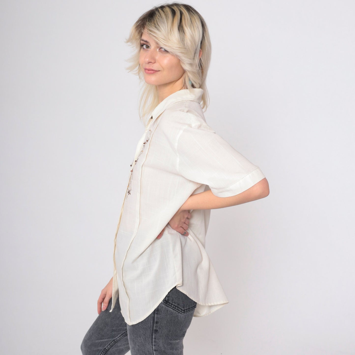 80s Jantzen Classics Floral Embroidered Cream Blouse Beaded Collar Medium M