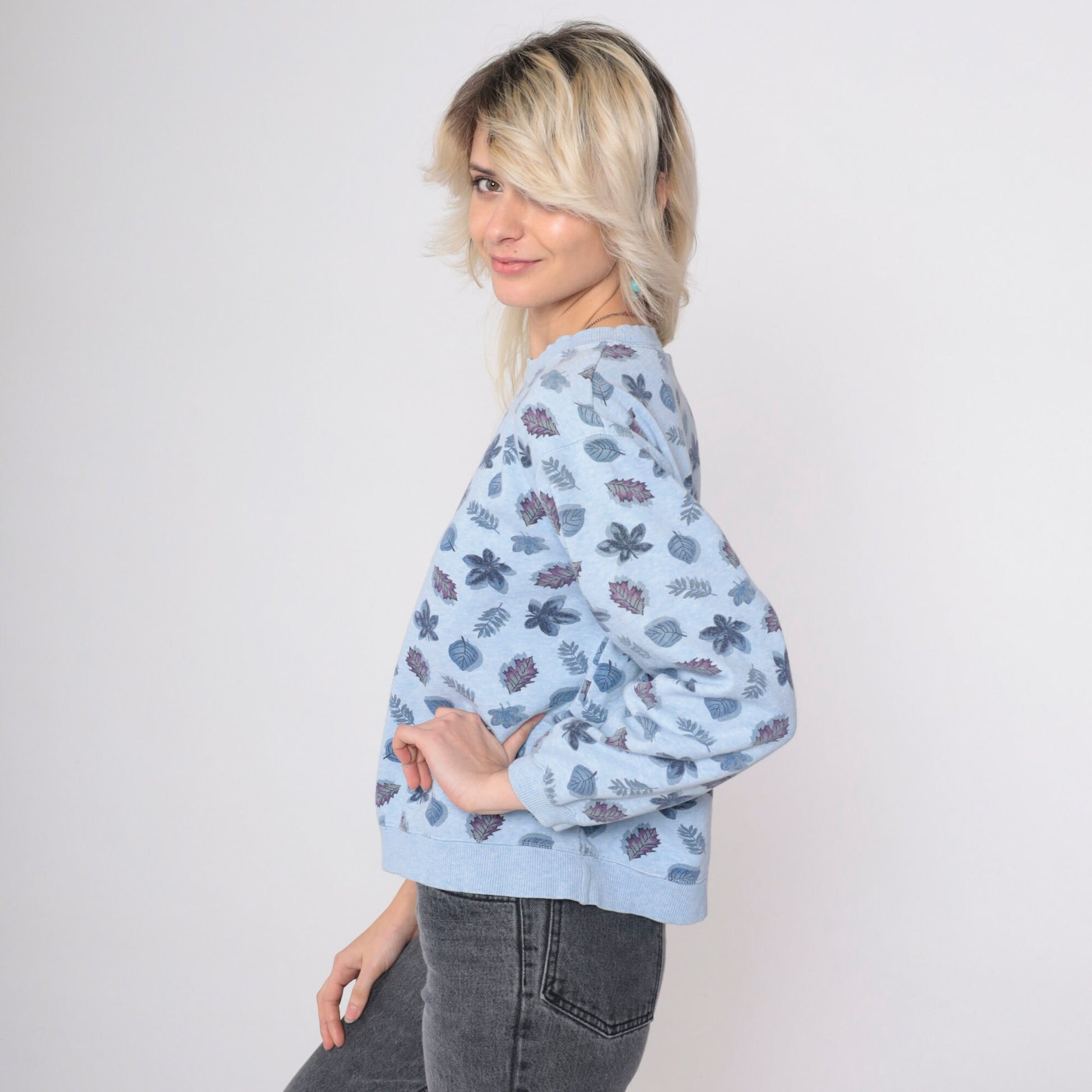 90s Leaf Print Sweatshirt Grey Botanical All Over Crewneck Small