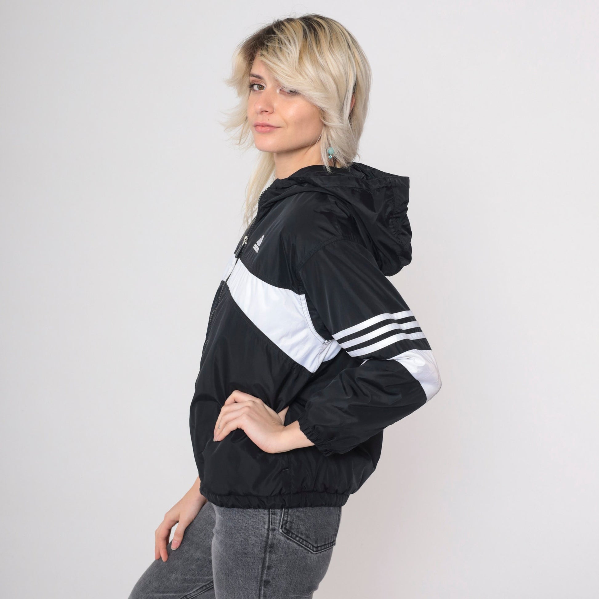 90s Adidas Hooded Windbreaker Black White Striped Nylon Jacket Medium