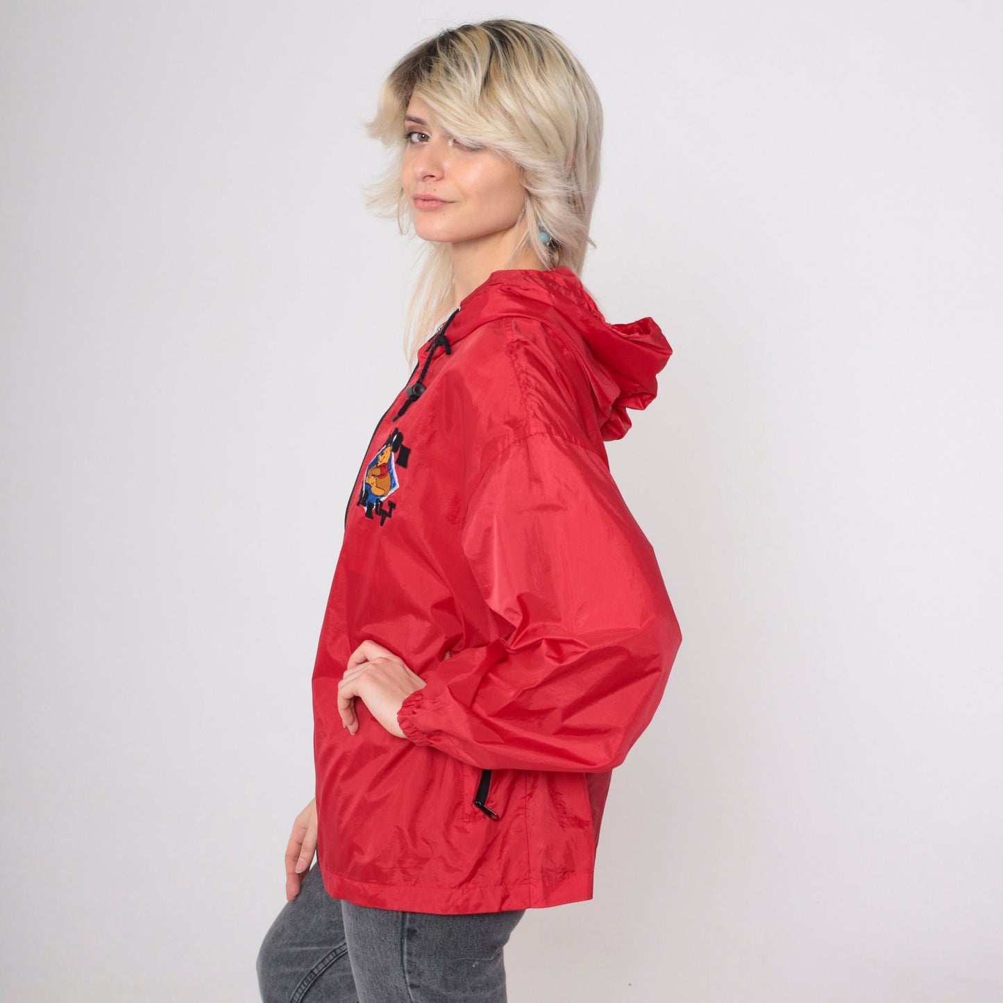 90s Winnie The Pooh Red Windbreaker Jacket Hooded Disney Medium