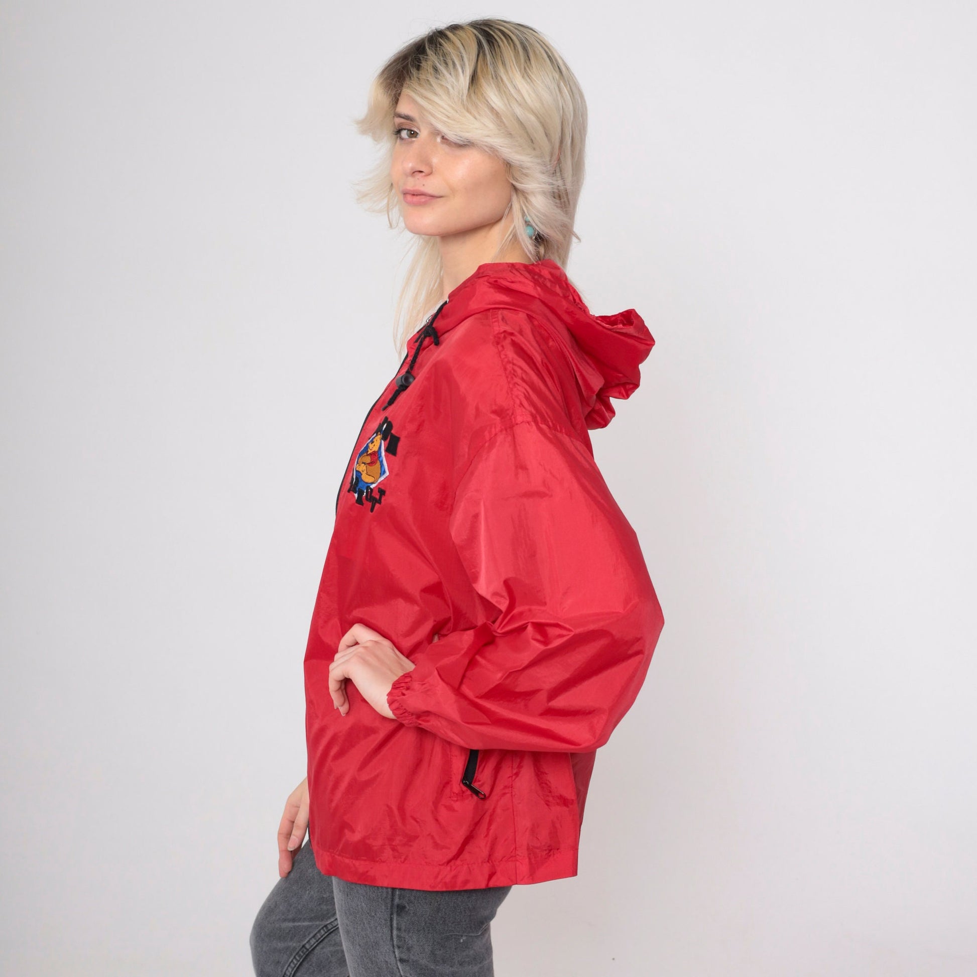 90s Winnie The Pooh Red Windbreaker Jacket Hooded Disney Medium
