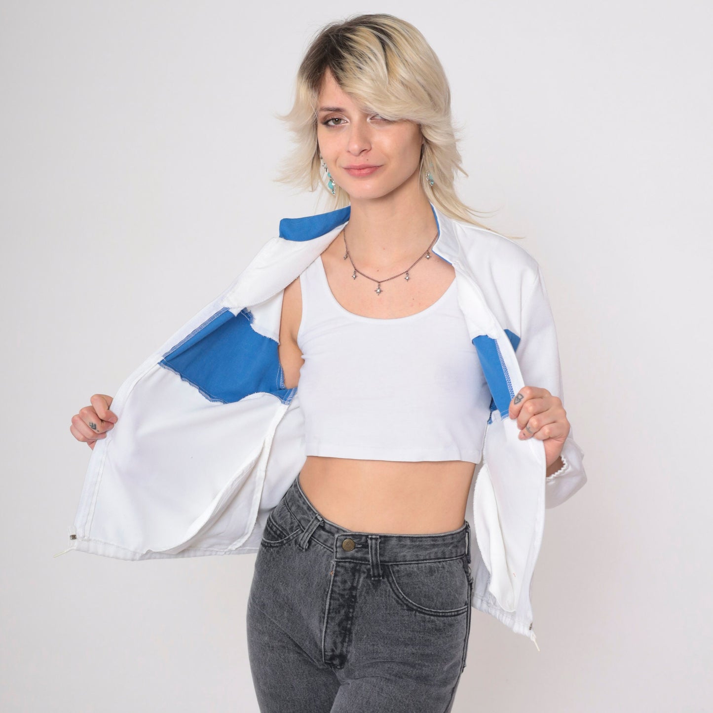 80s Miss USA Windbreaker White Blue Stripe Stand Collar Zip Jacket Small