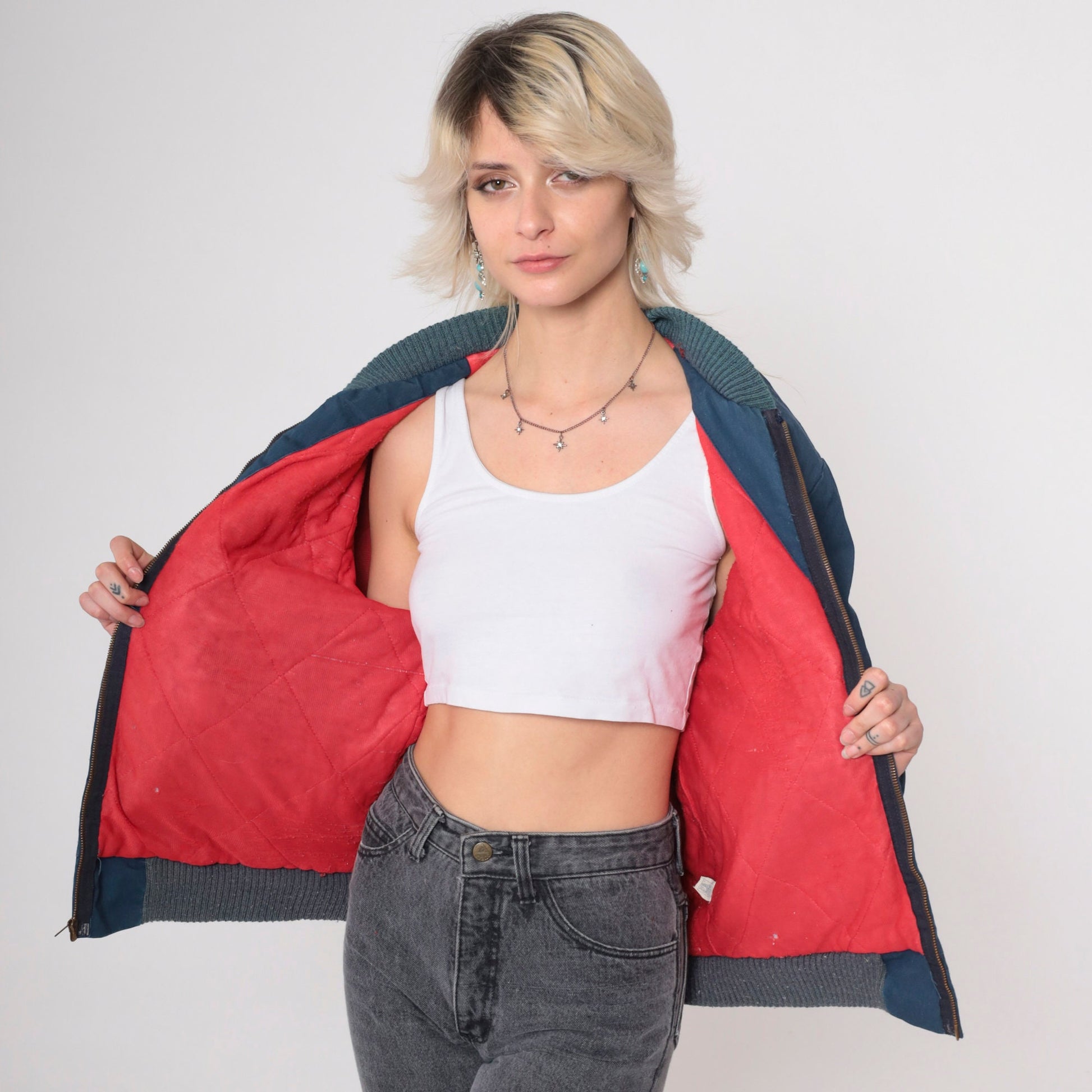 80s Navy Windbreaker Jacket Red Quilted Lining Zip Bomber Medium