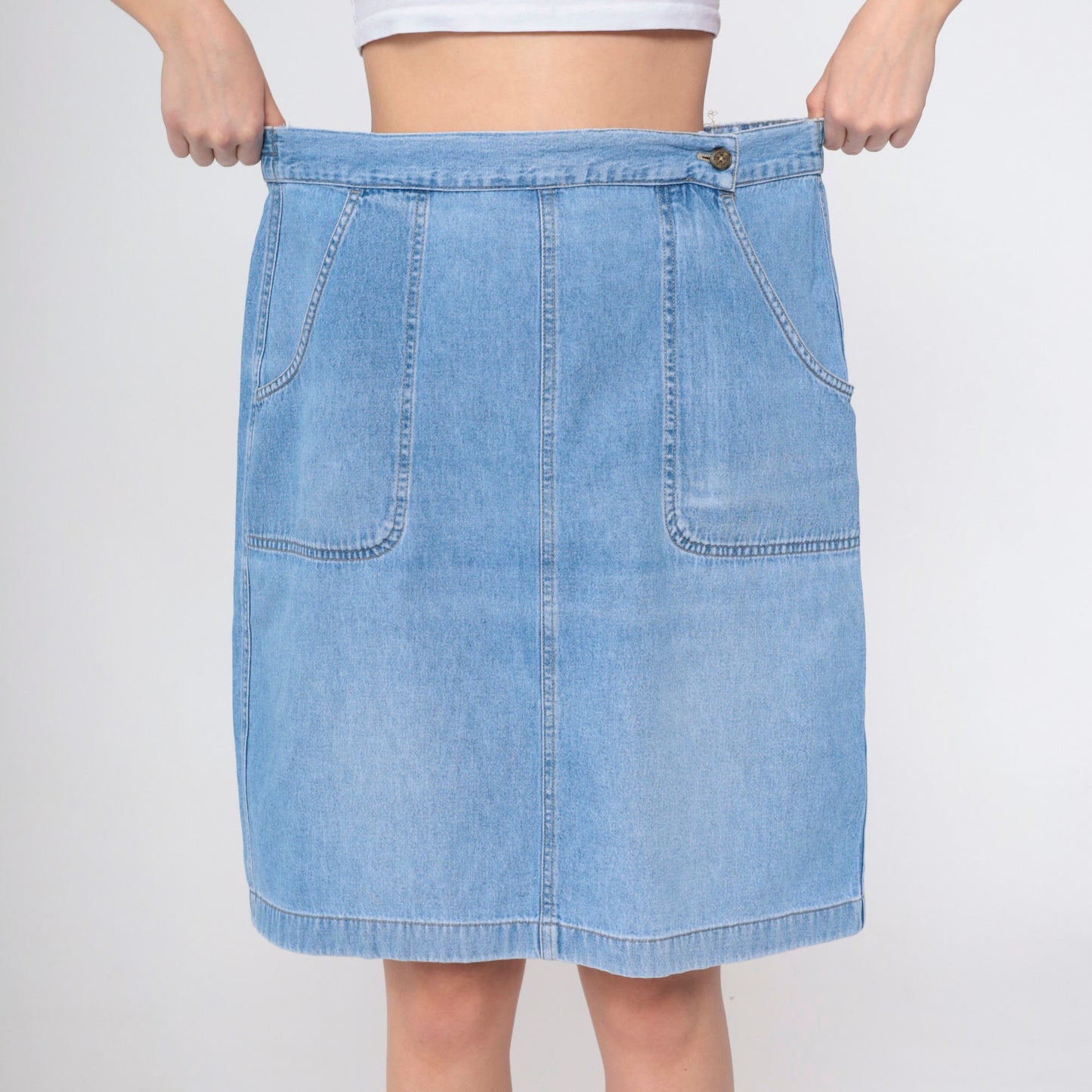 90s High-Waisted Denim Skirt Blue Knee-Length Patch Pocket Straight Large