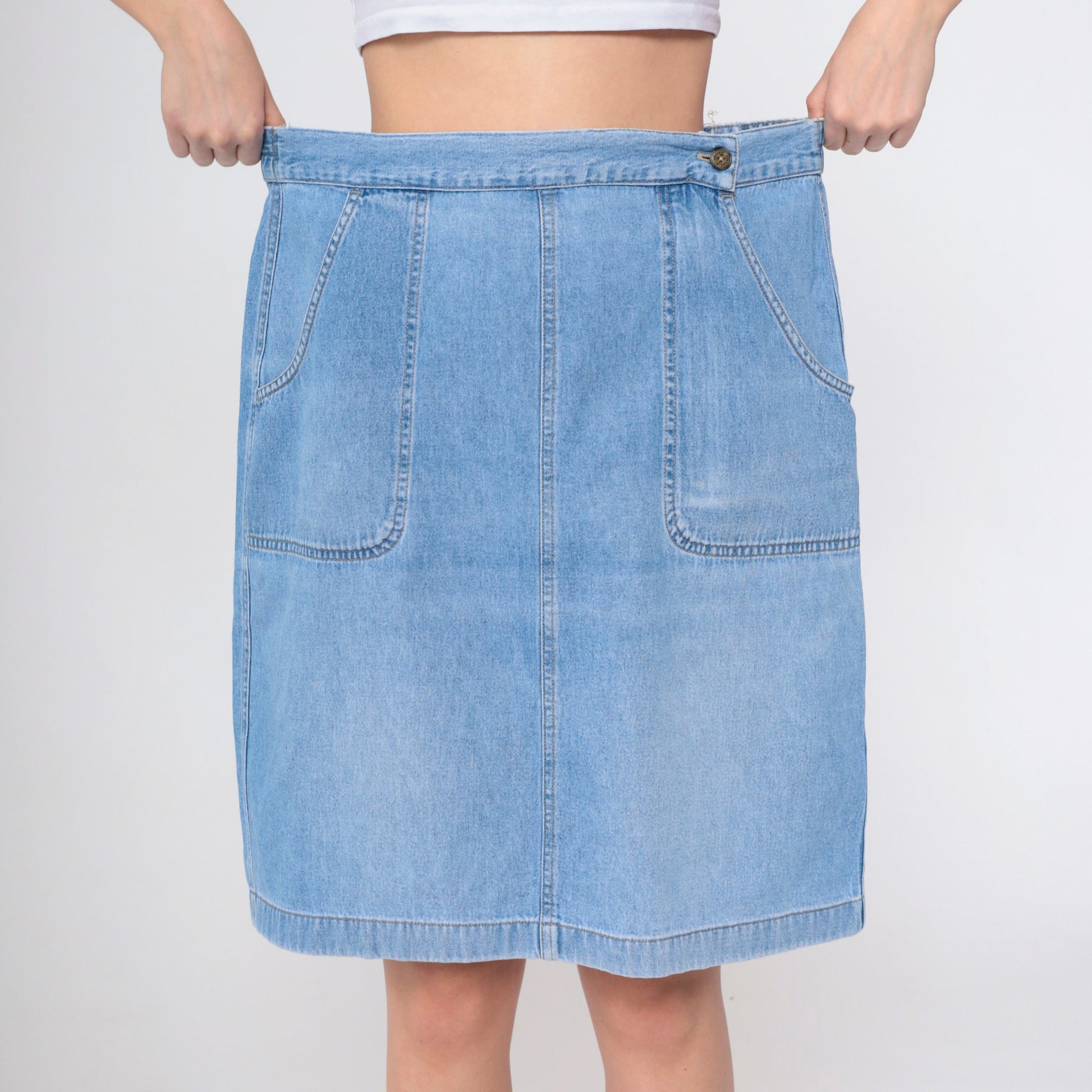 90s High-Waisted Denim Skirt Blue Knee-Length Patch Pocket Straight Large