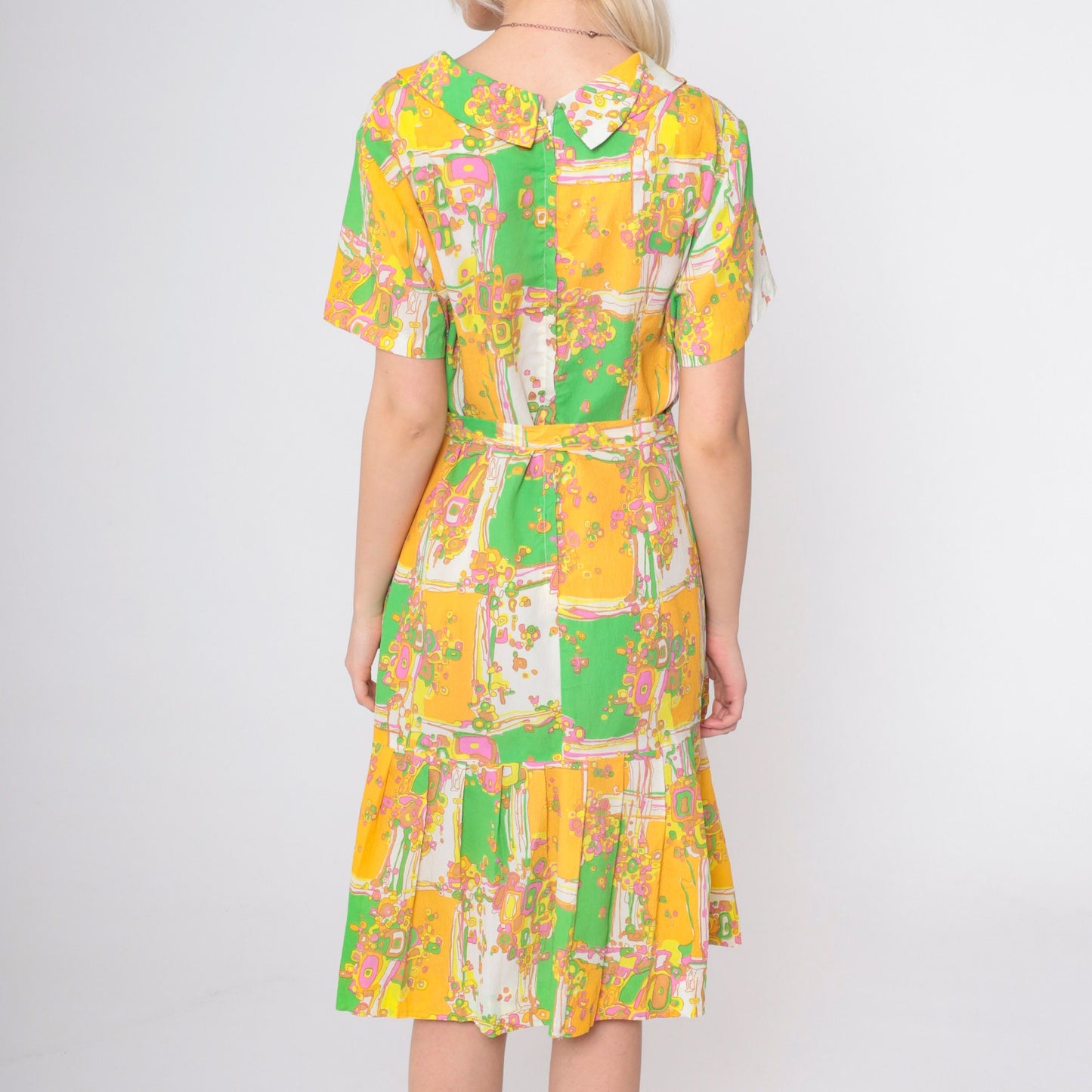 60s Psychedelic Patchwork Shift Dress Geometric Print Pleated Midi Large