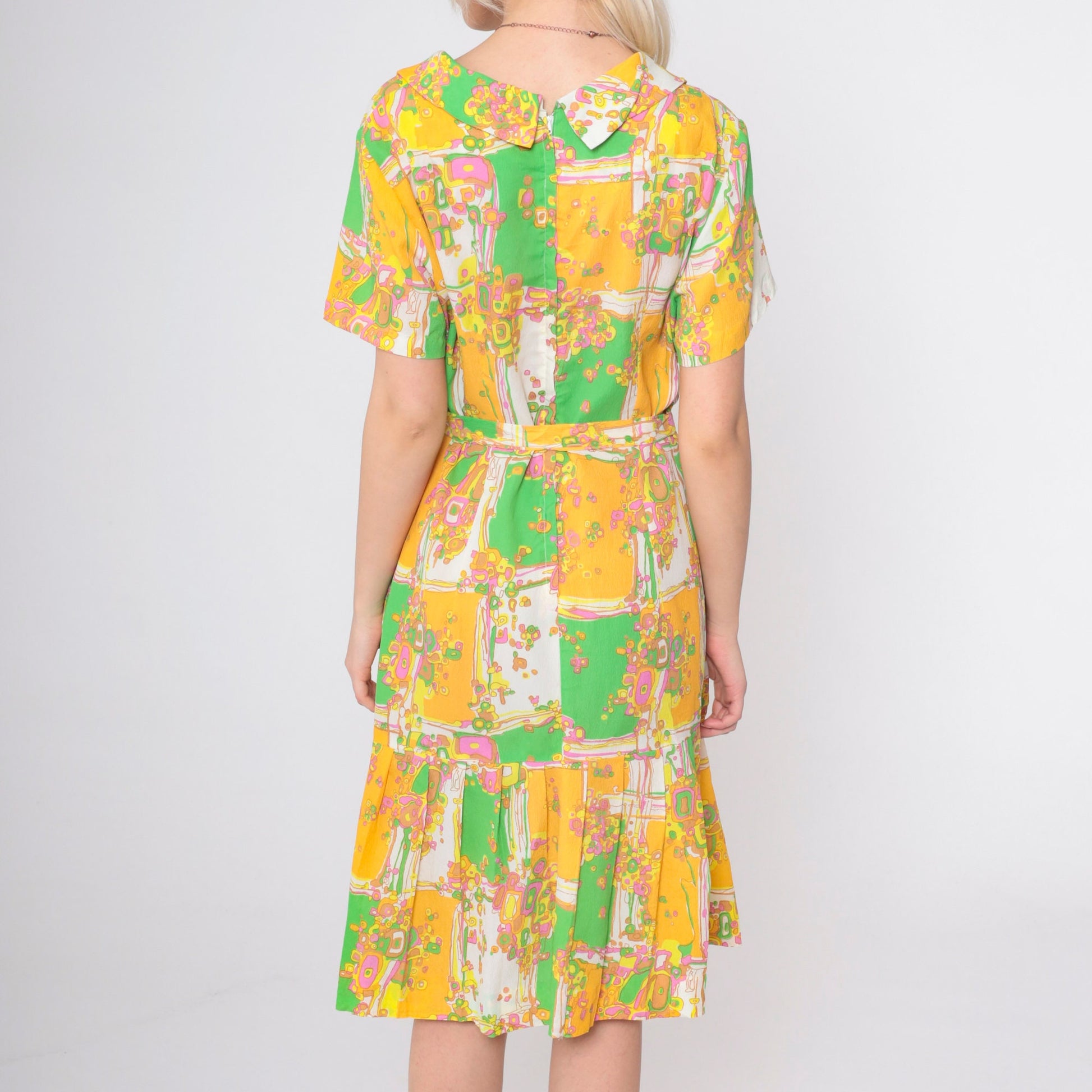 60s Psychedelic Patchwork Shift Dress Geometric Print Pleated Midi Large