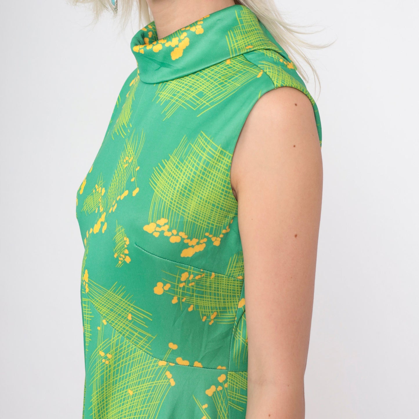 70s Emilio Borghese Abstract Floral Dress Green Mock Neck Midi Small Medium