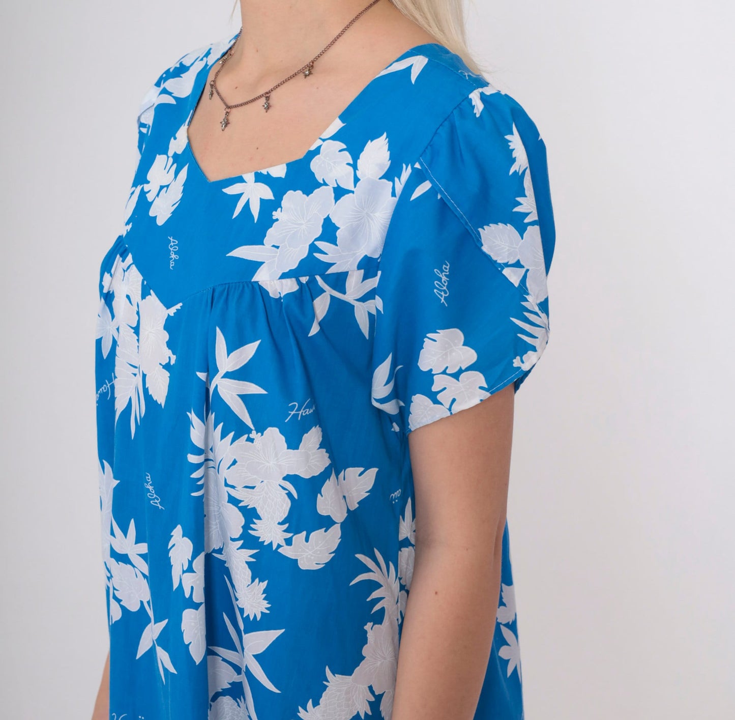 80s Hawaiian Floral Mini Dress Blue Puff Sleeve Tent Cut Small