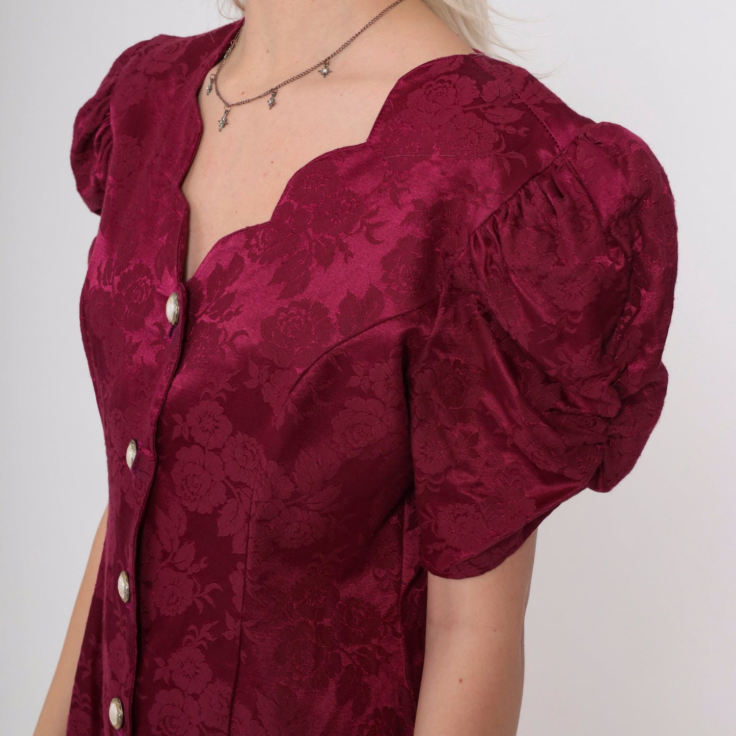 80s Burgundy Floral Brocade Mini Dress Pearl Buttons Puff Sleeve Medium