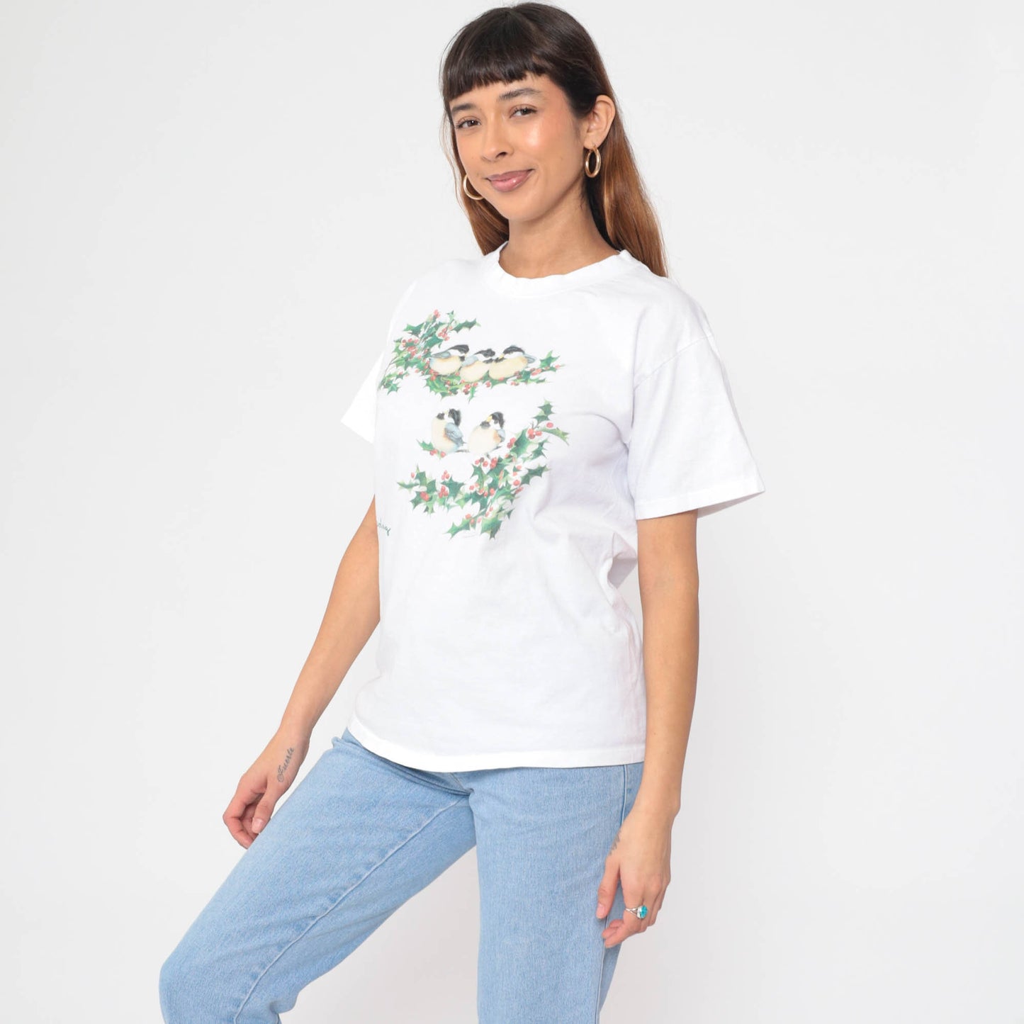 90s Solvang Chickadee Holly Graphic T-Shirt White Cotton Single Stitch Medium