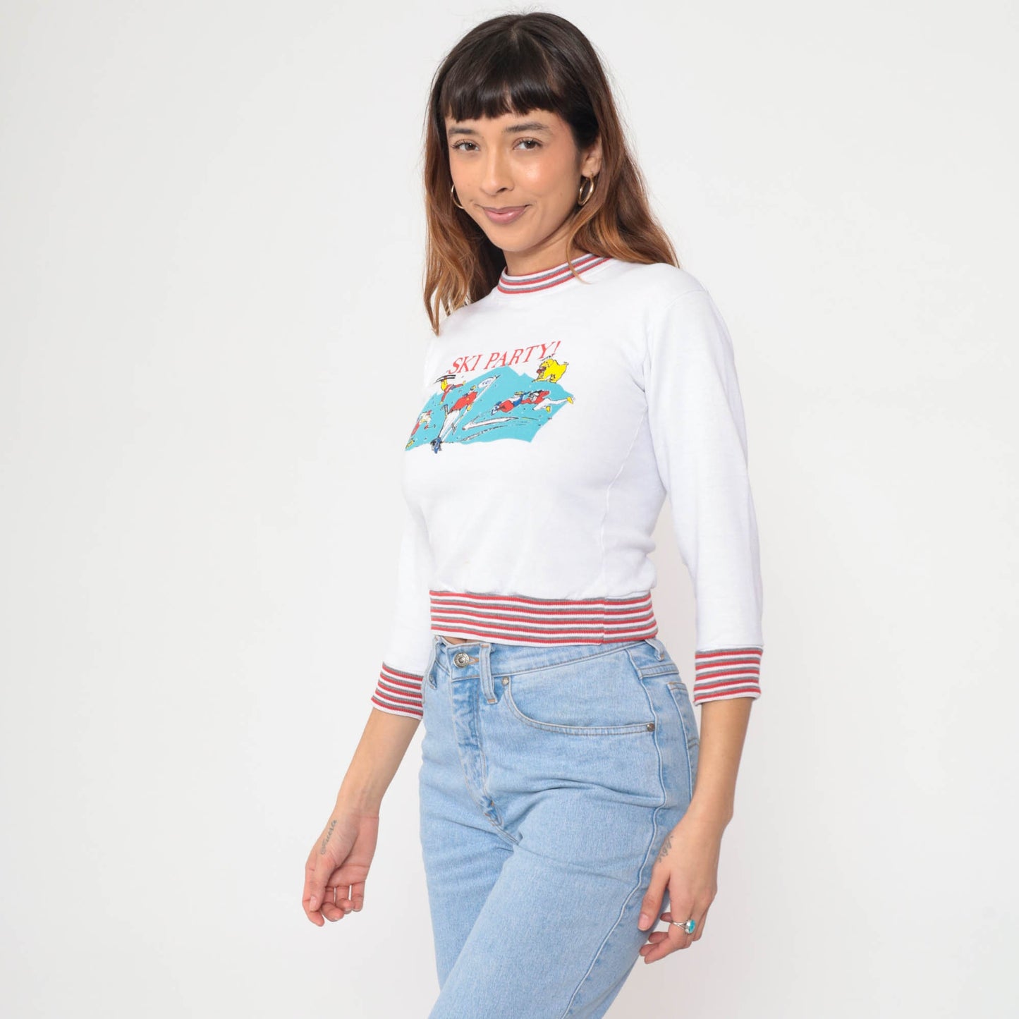 90s Ski Party Cartoon Ringer Sweatshirt Cropped White XXS